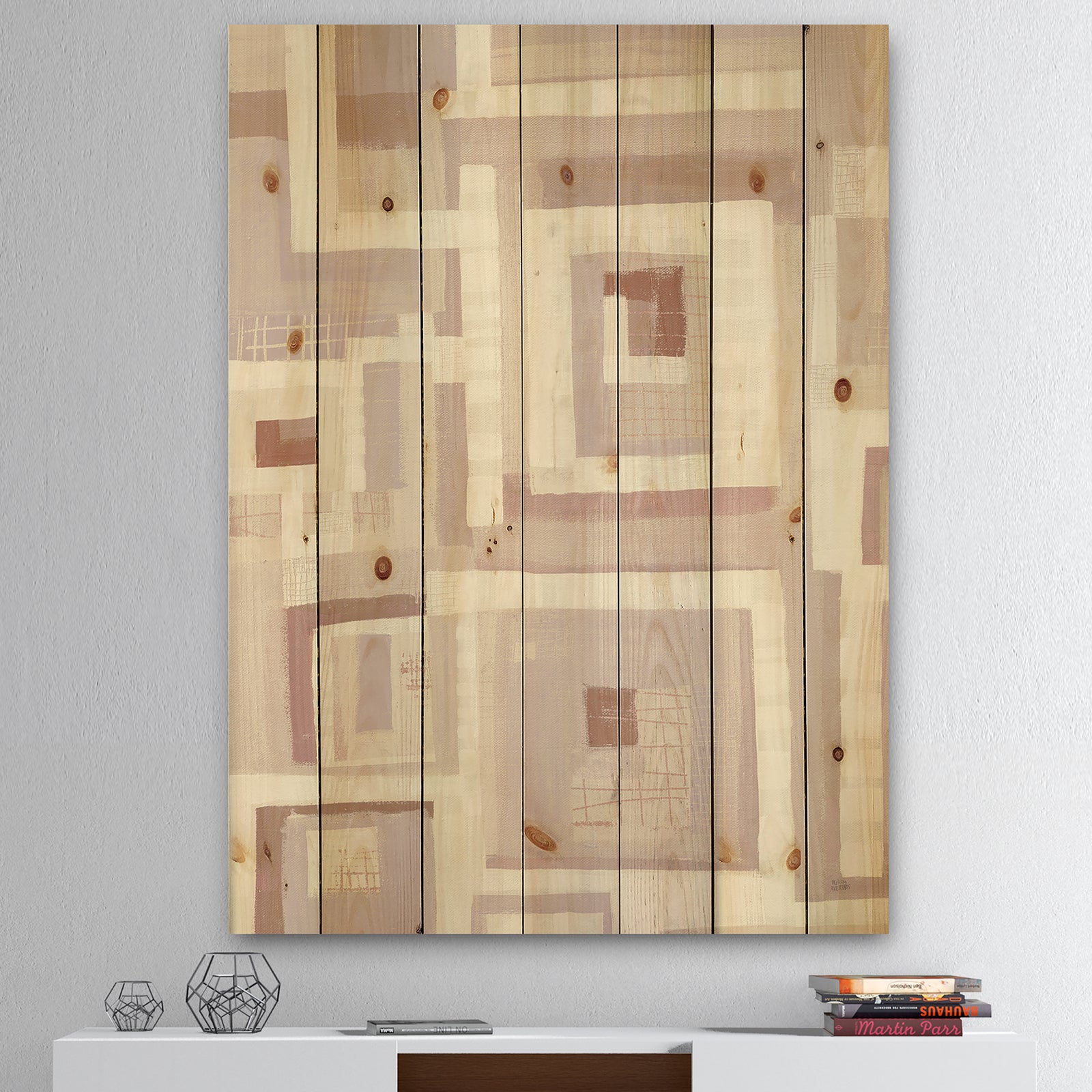 Pink Geometric Form Windows I - Transitional Print on Natural Pine Wood
