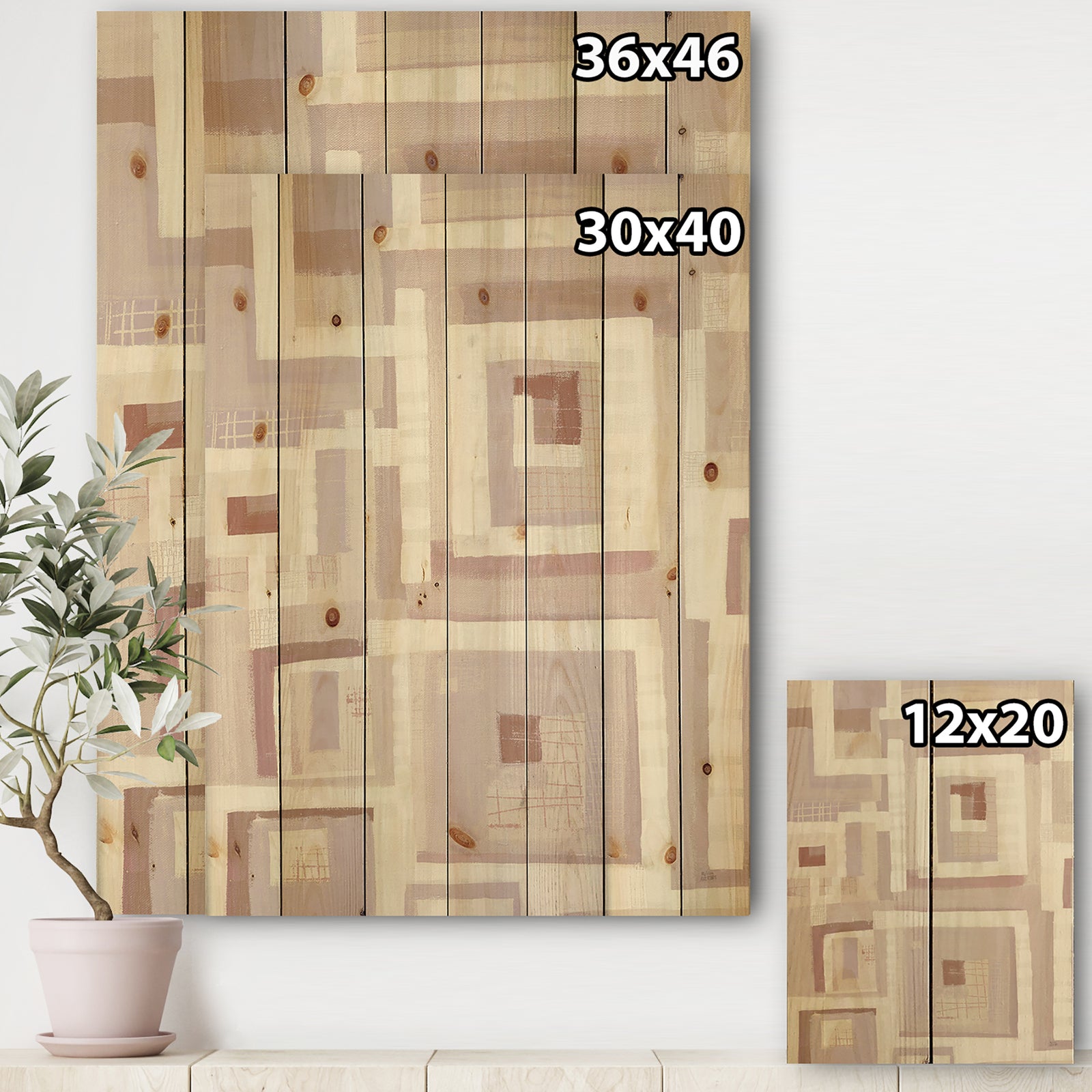 Pink Geometric Form Windows I - Transitional Print on Natural Pine Wood