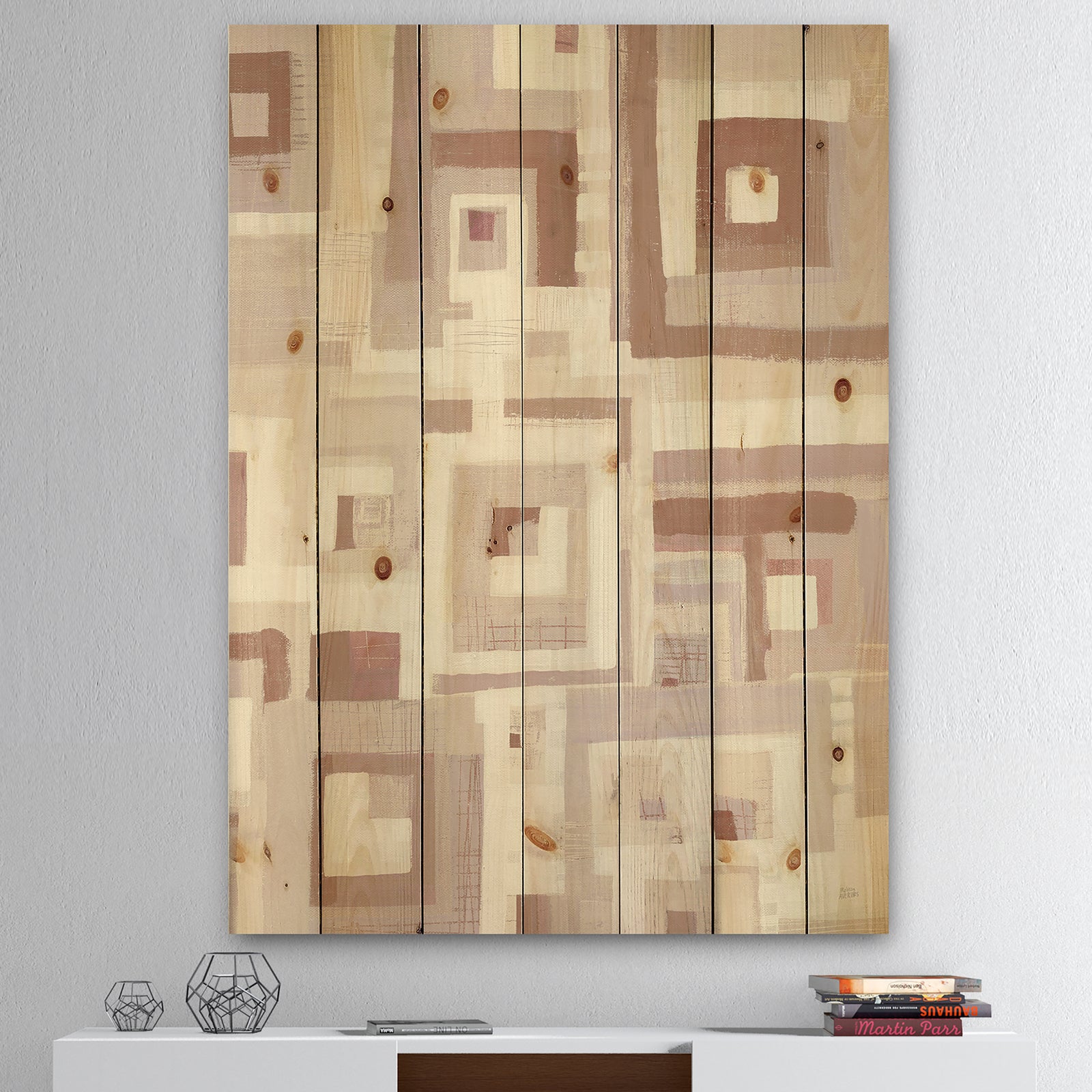 Pink Geometric Form Windows II - Transitional Print on Natural Pine Wood