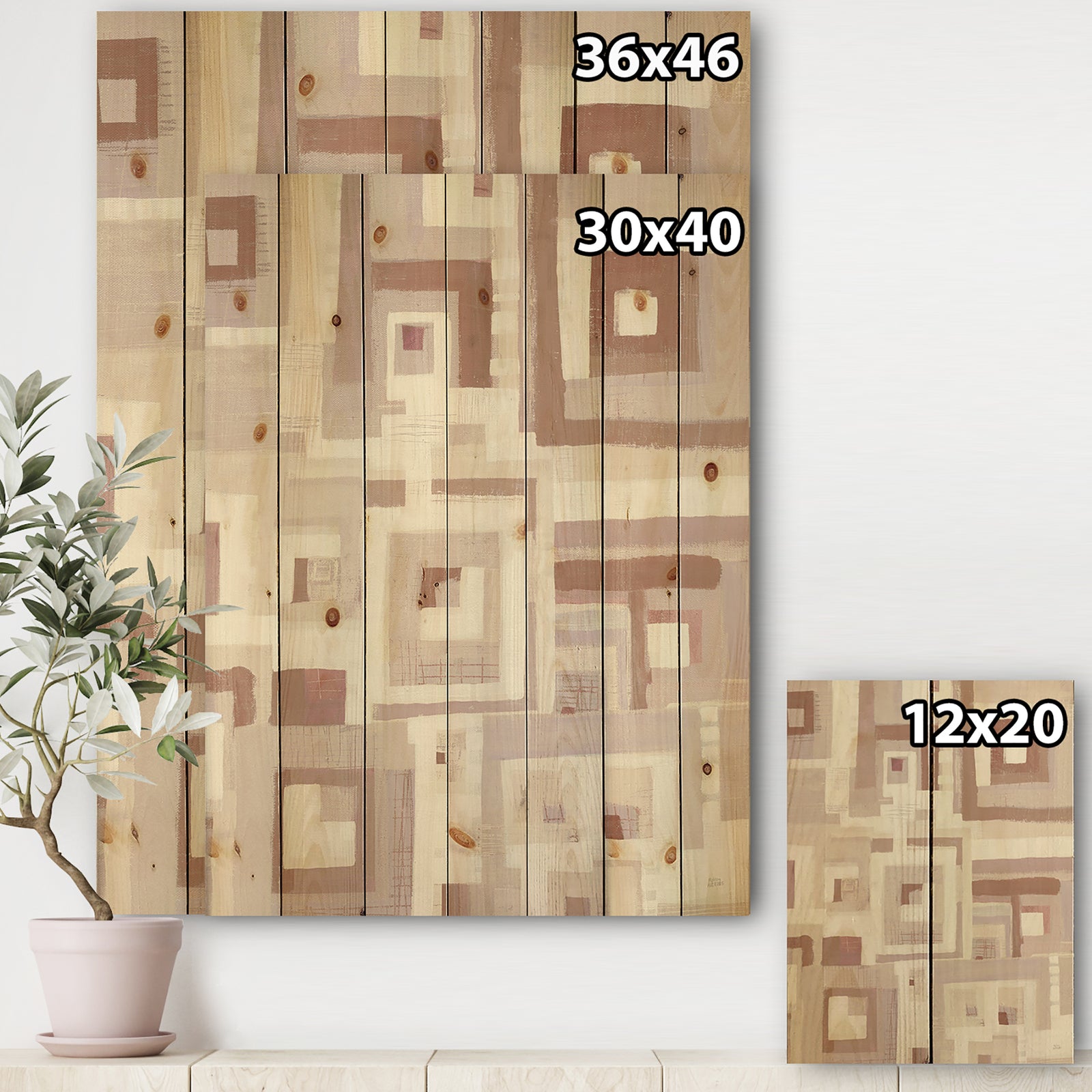 Pink Geometric Form Windows II - Transitional Print on Natural Pine Wood