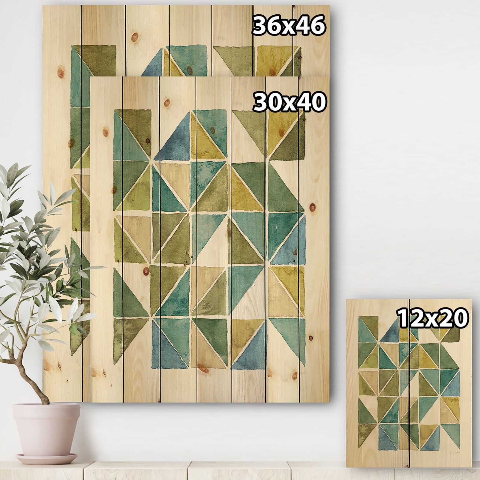 geometric Green Triangle I - Modern & Transitional Print on Natural Pine Wood