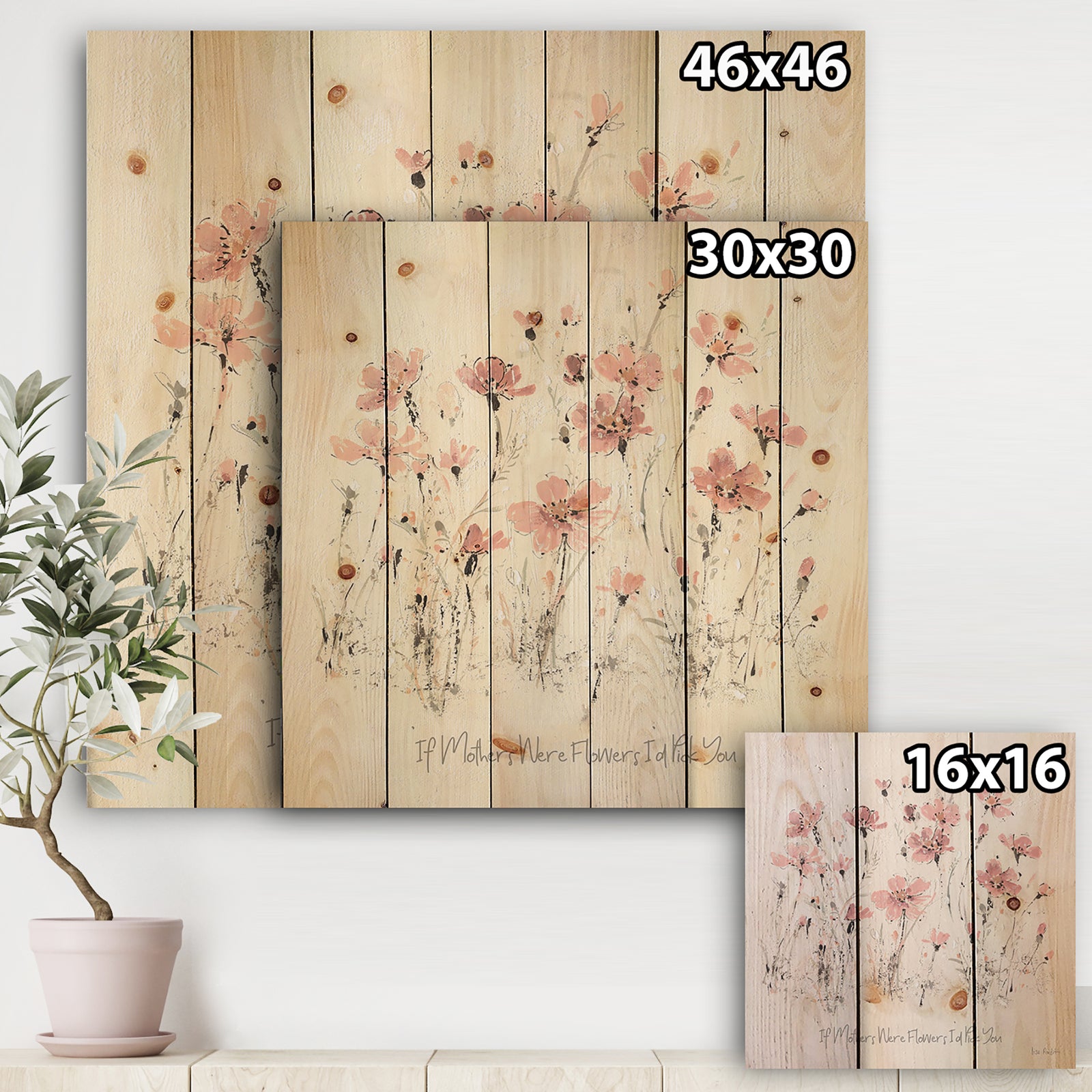 Wildflowers III - Traditional Print on Natural Pine Wood