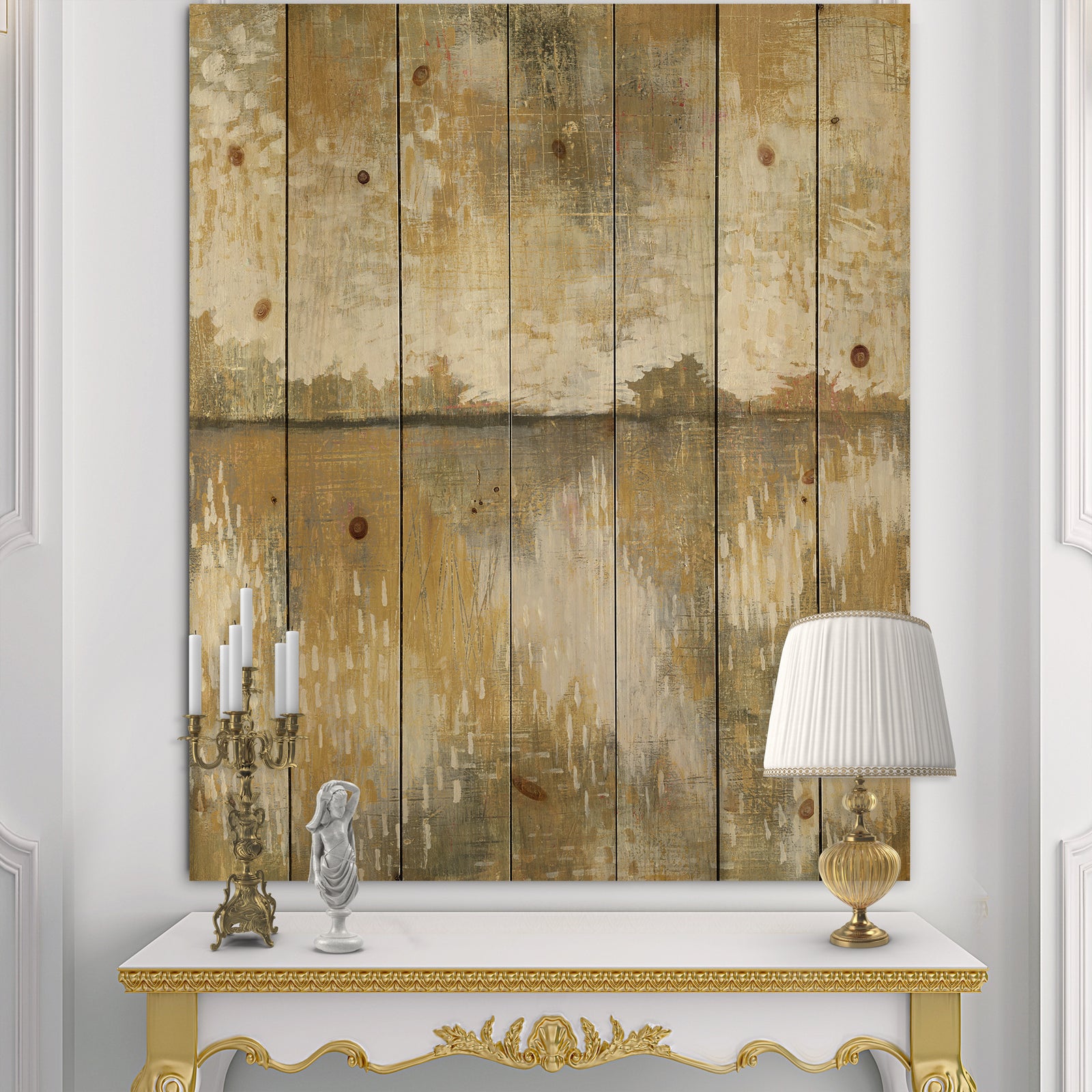 Glam Cream and Brown Curious Sky - Modern Print on Natural Pine Wood