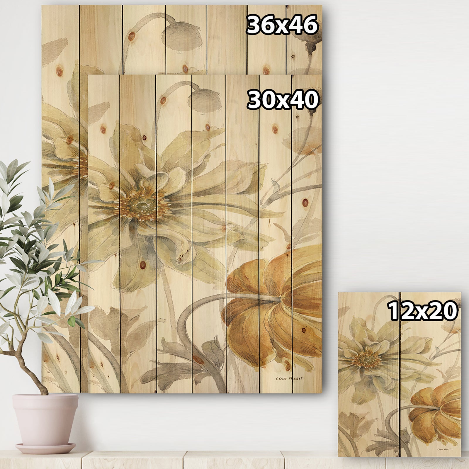 Fields of Gold Watercolor Flower I - Cabin & Lodge Print on Natural Pine Wood