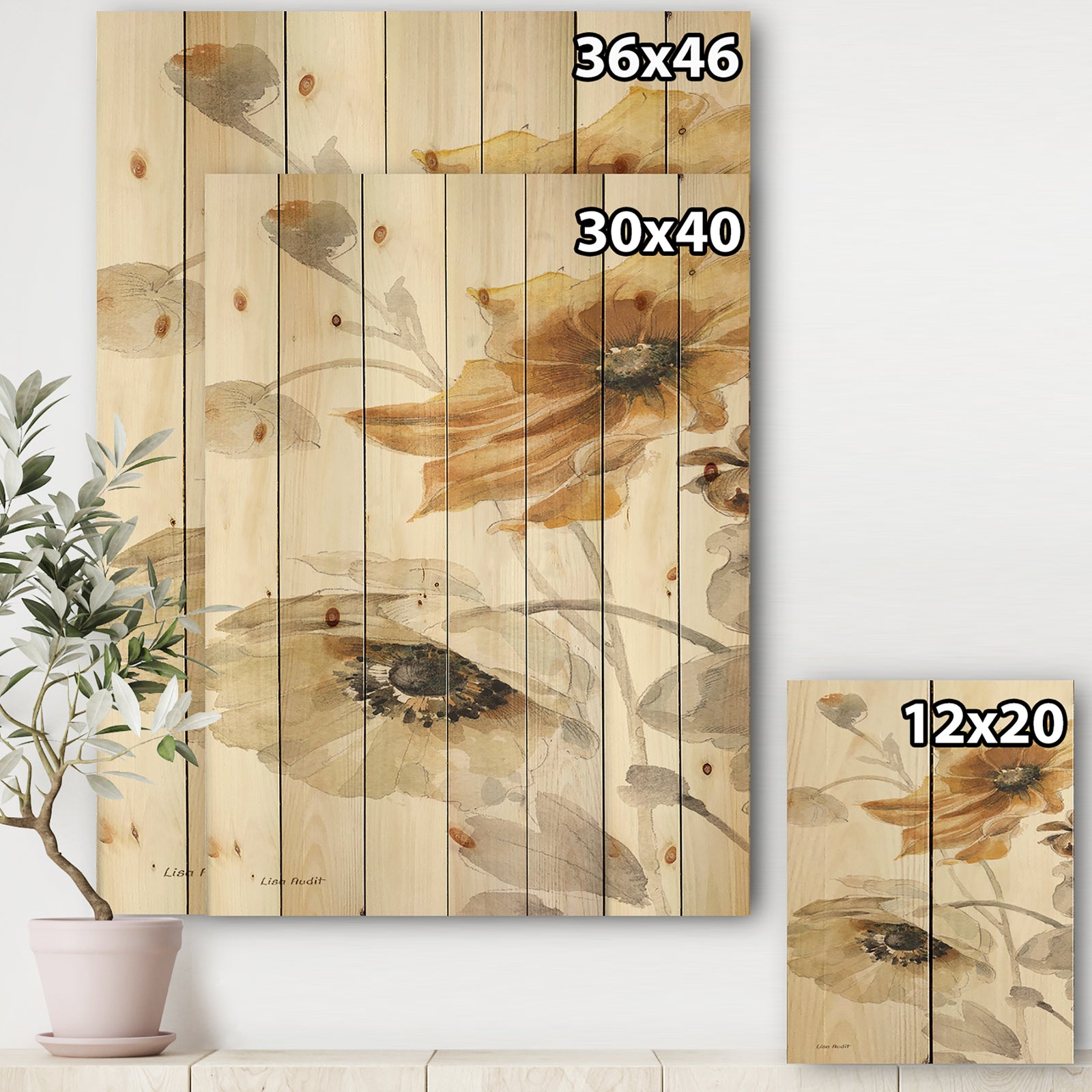 Fields of Gold Watercolor Flower II - Cabin & Lodge Print on Natural Pine Wood