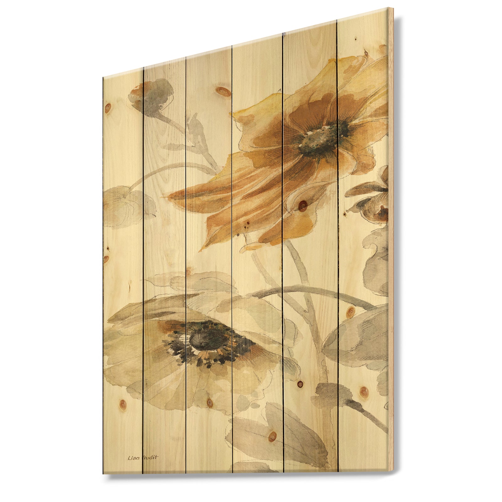 Fields of Gold Watercolor Flower II - Cabin & Lodge Print on Natural Pine Wood