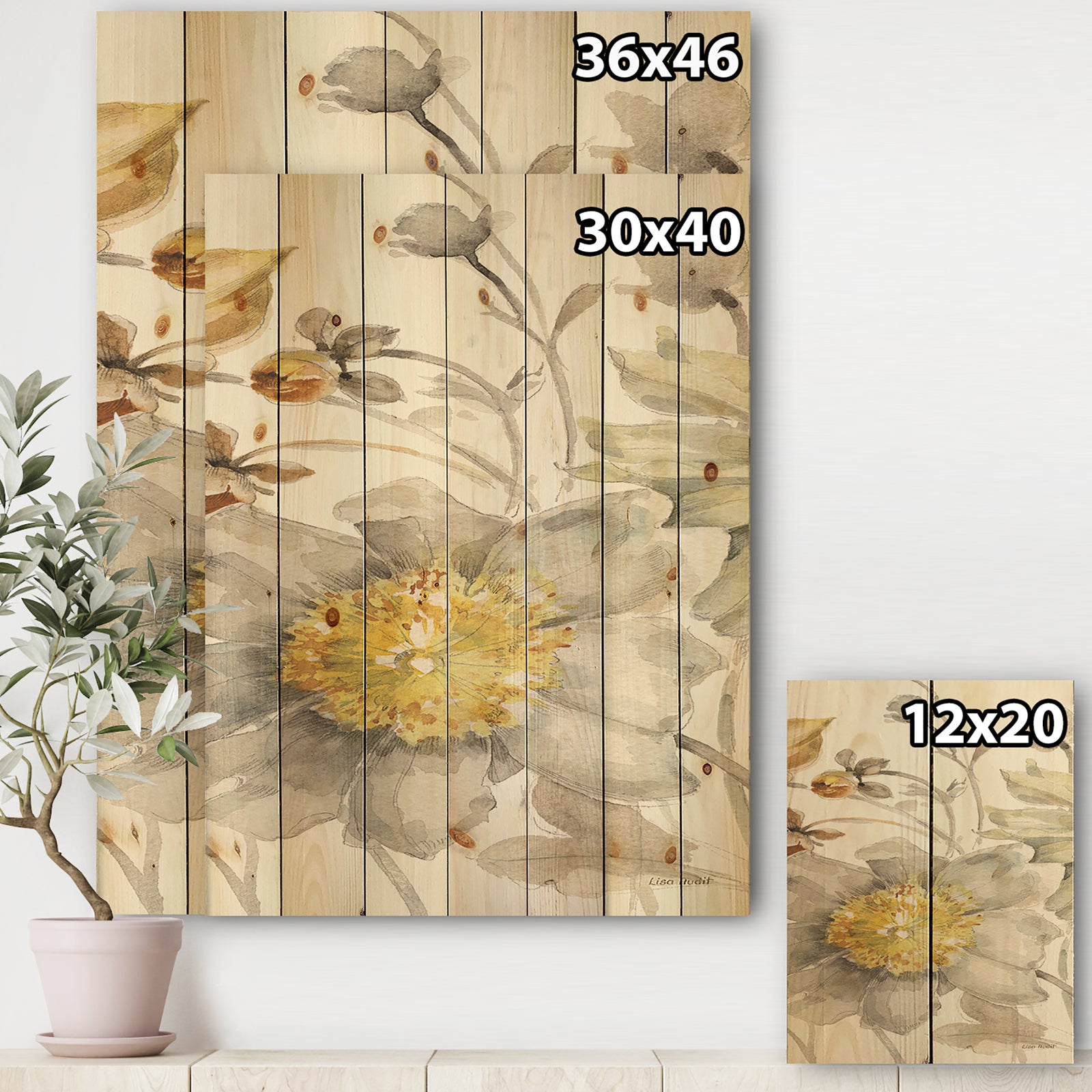 Fields of Gold Watercolor Flower III - Cabin & Lodge Print on Natural Pine Wood