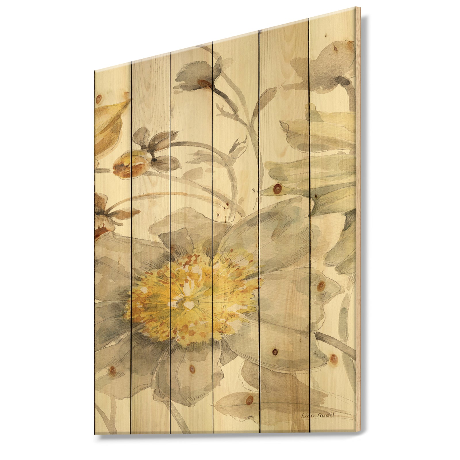 Fields of Gold Watercolor Flower III - Cabin & Lodge Print on Natural Pine Wood