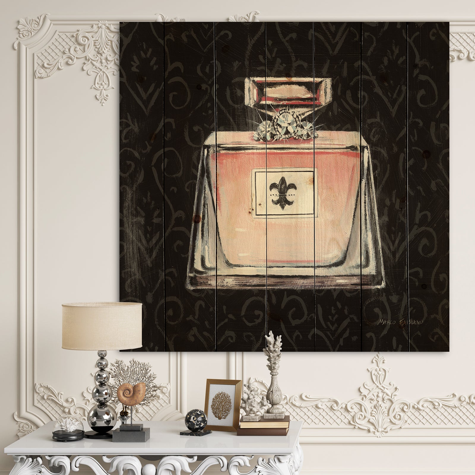 Glam & Fashion Parfum Boudoir I - Posh & Luxe Print on Natural Pine Wood