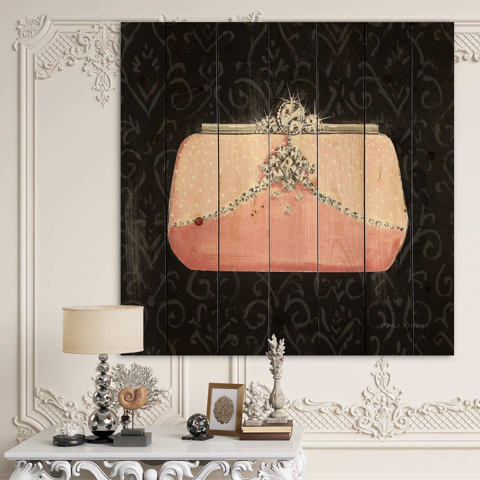 Glam & Fashion Parfum Boudoir II - Posh & Luxe Print on Natural Pine Wood