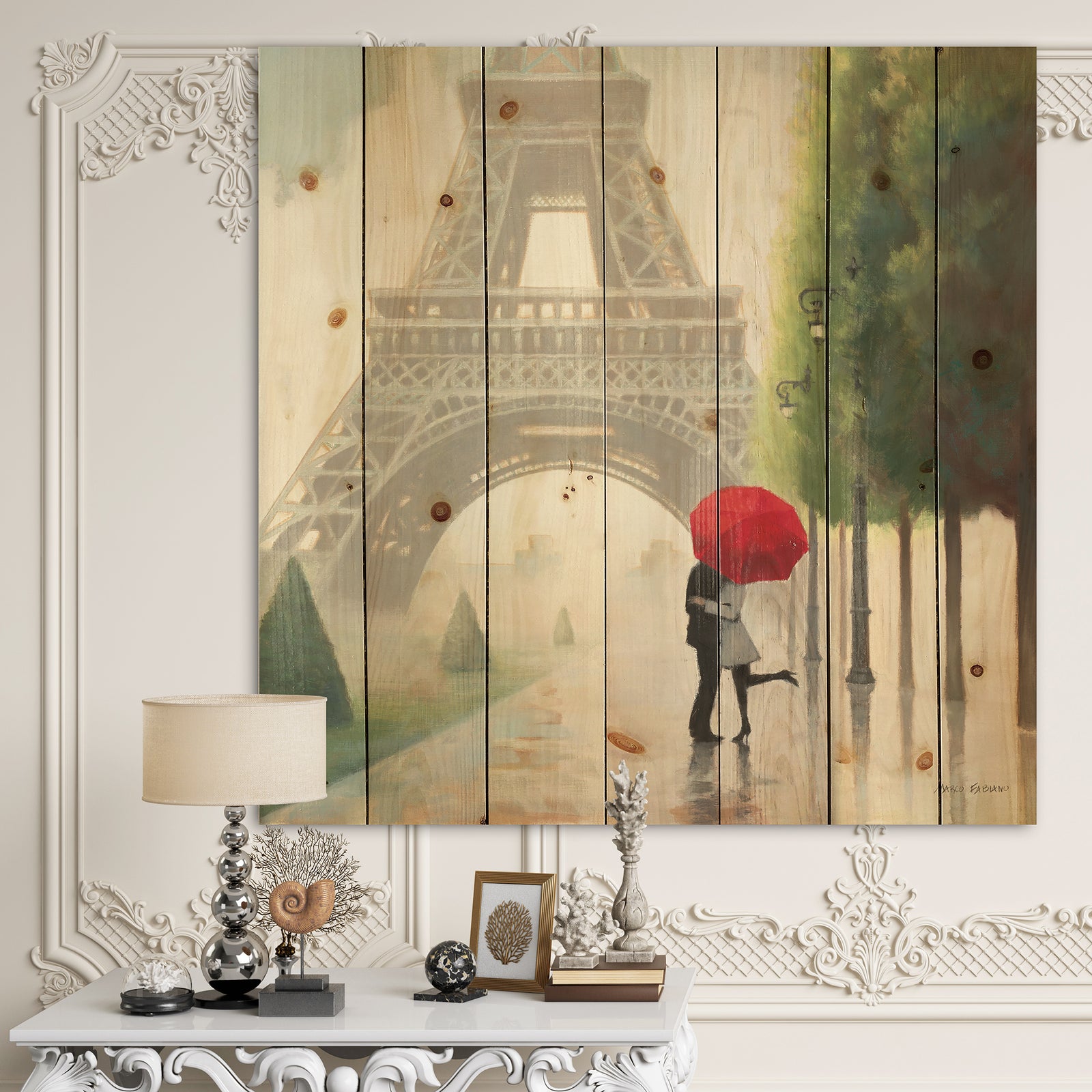 Paris Romance Couples - Romantic French Country Print on Natural Pine Wood