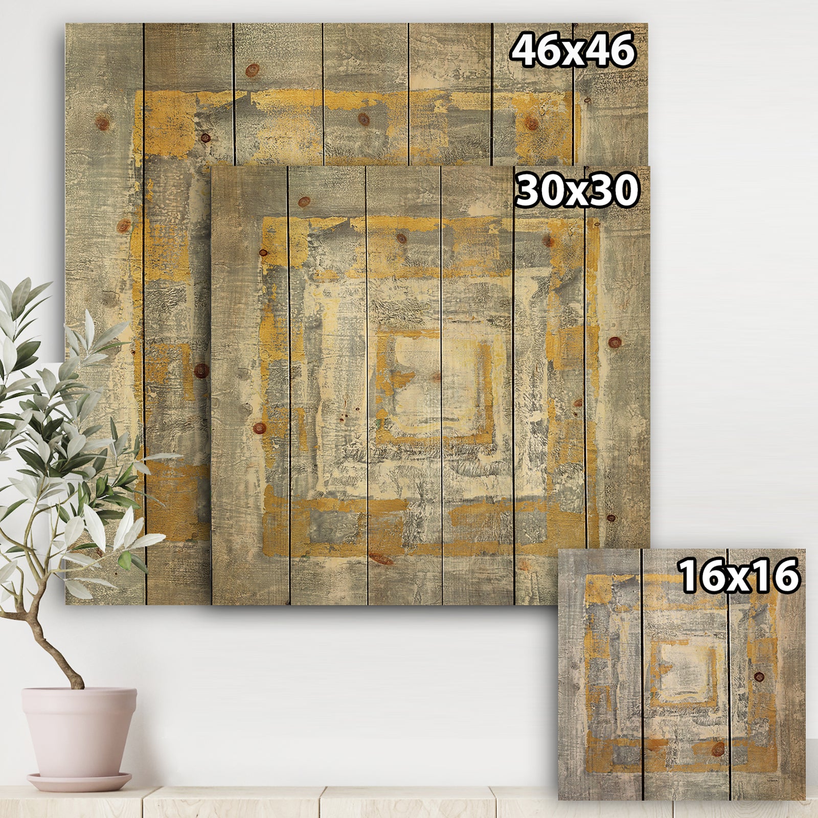 Gold Glam on Grey Tapestry I - Transitional Print on Natural Pine Wood