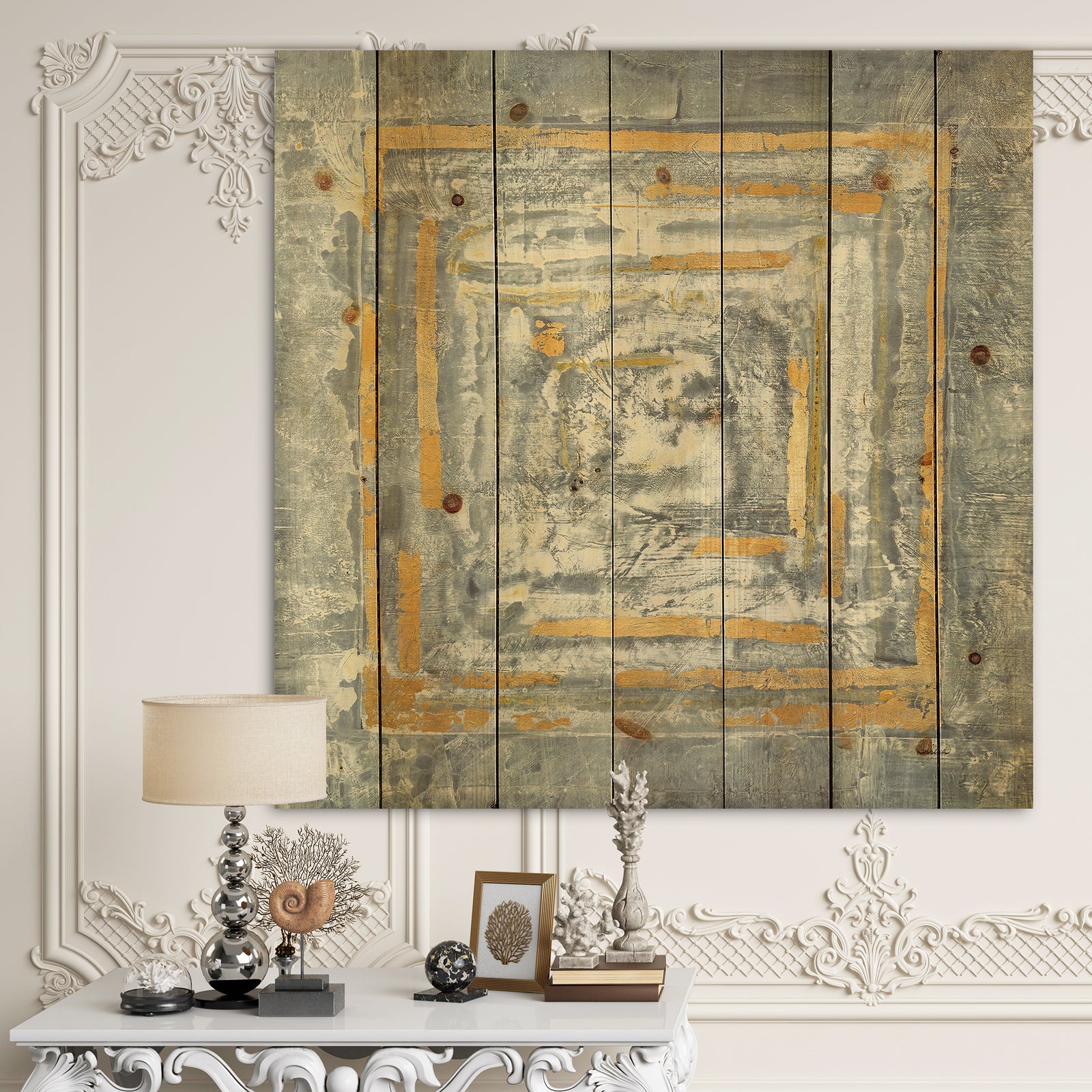Gold Glam on Grey Tapestry II - Transitional Print on Natural Pine Wood