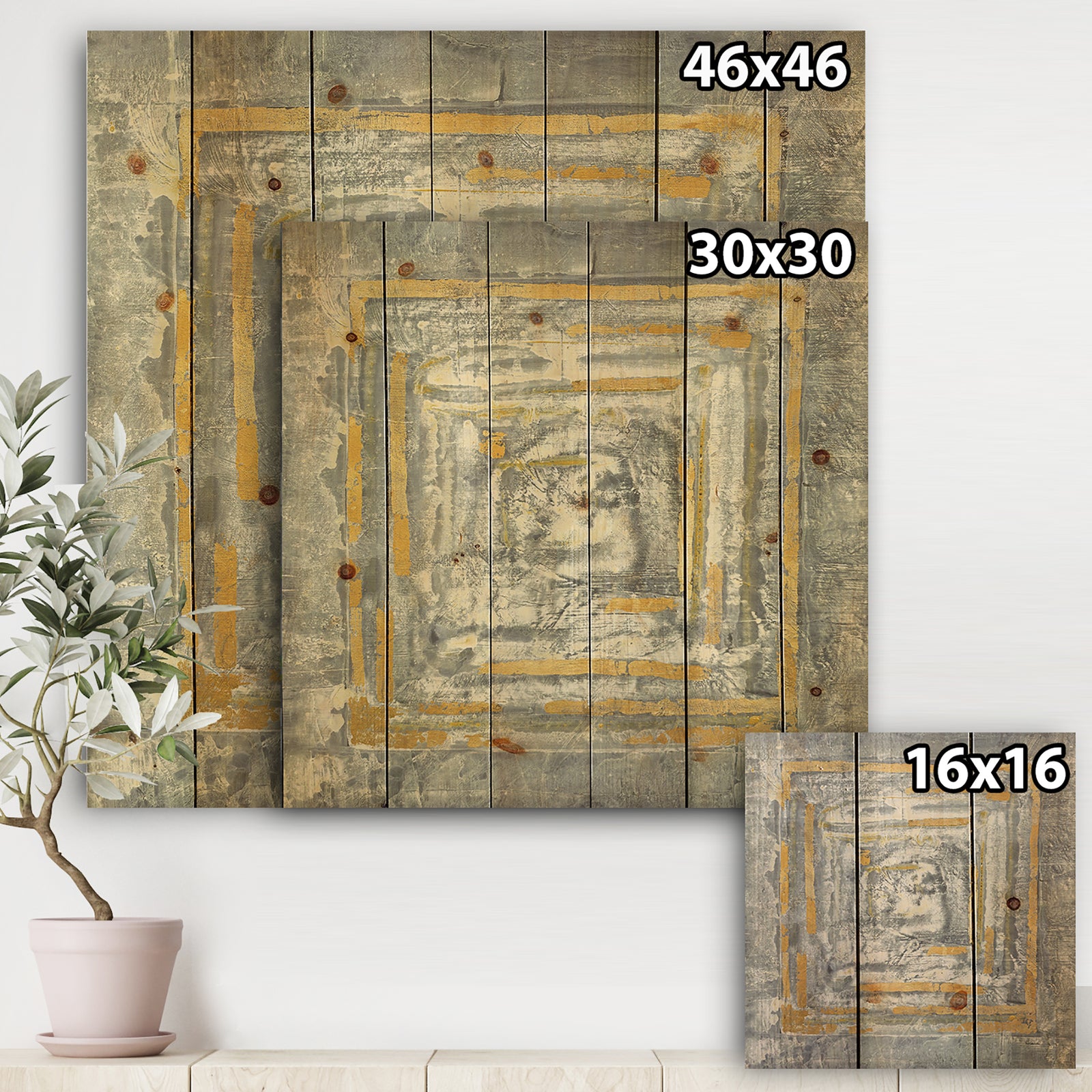 Gold Glam on Grey Tapestry II - Transitional Print on Natural Pine Wood