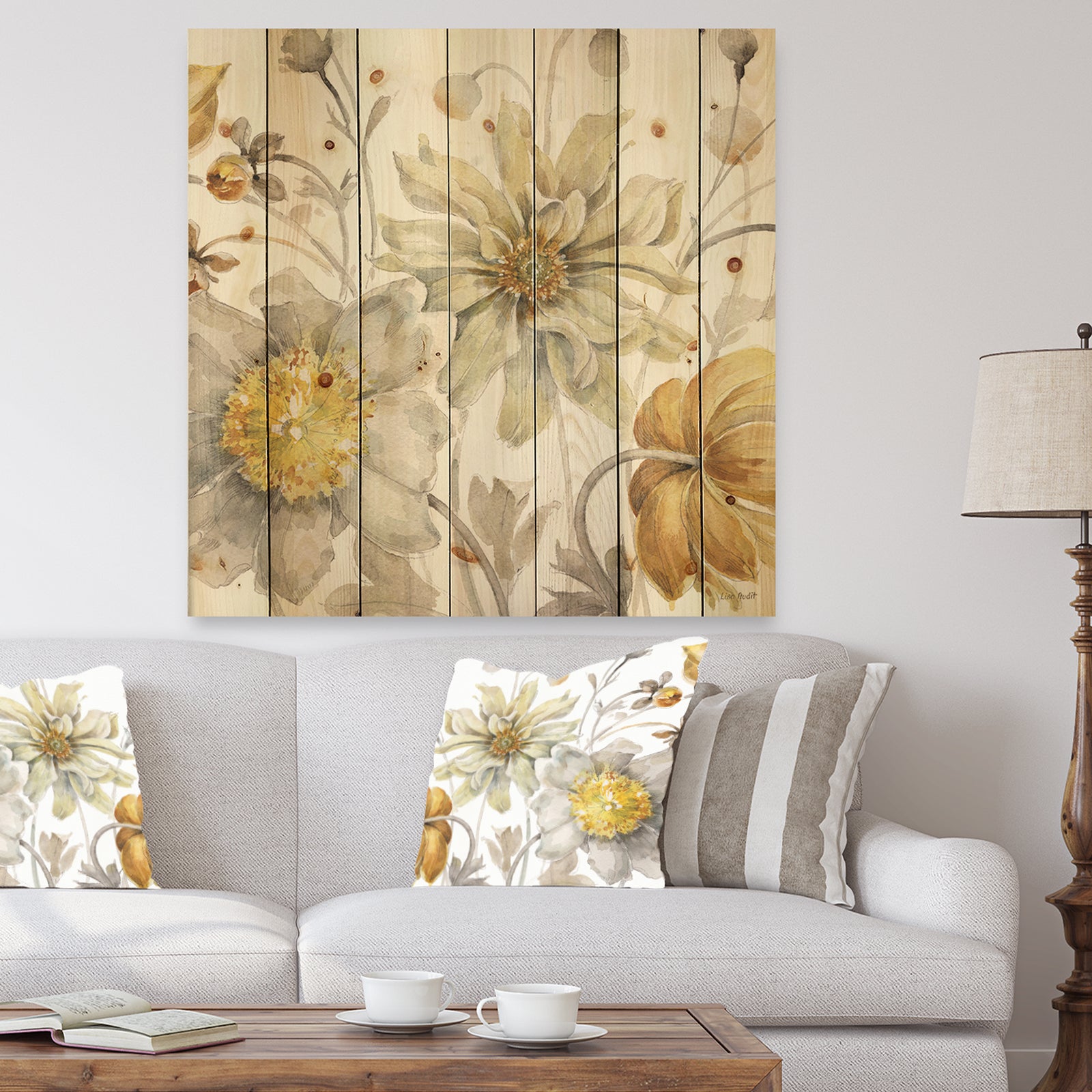 Fields of Gold Watercolor Flower V - Traditional Print on Natural Pine Wood