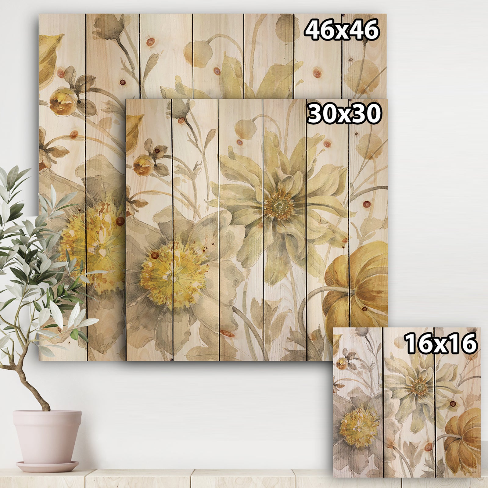 Fields of Gold Watercolor Flower V - Traditional Print on Natural Pine Wood