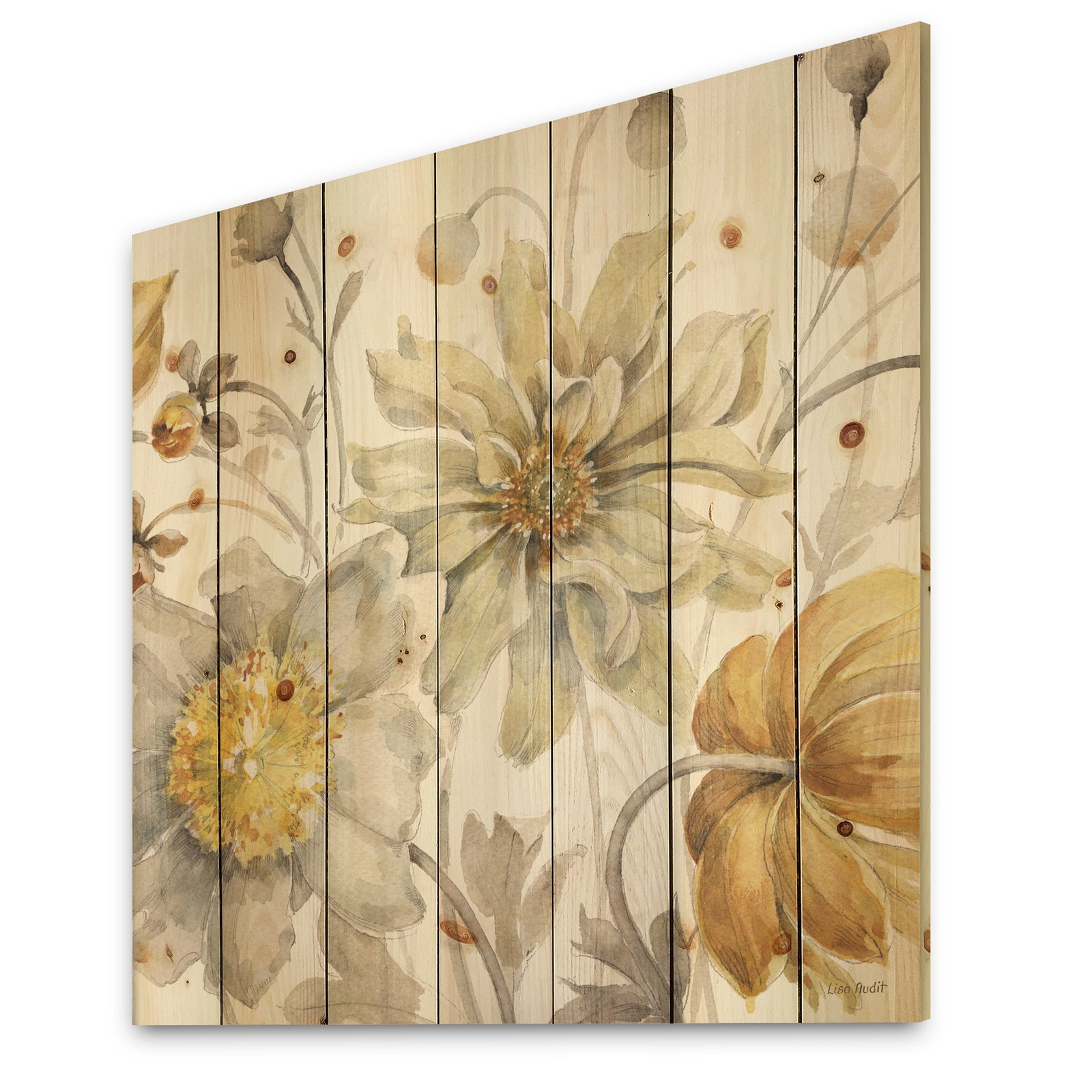 Fields of Gold Watercolor Flower V - Traditional Print on Natural Pine Wood