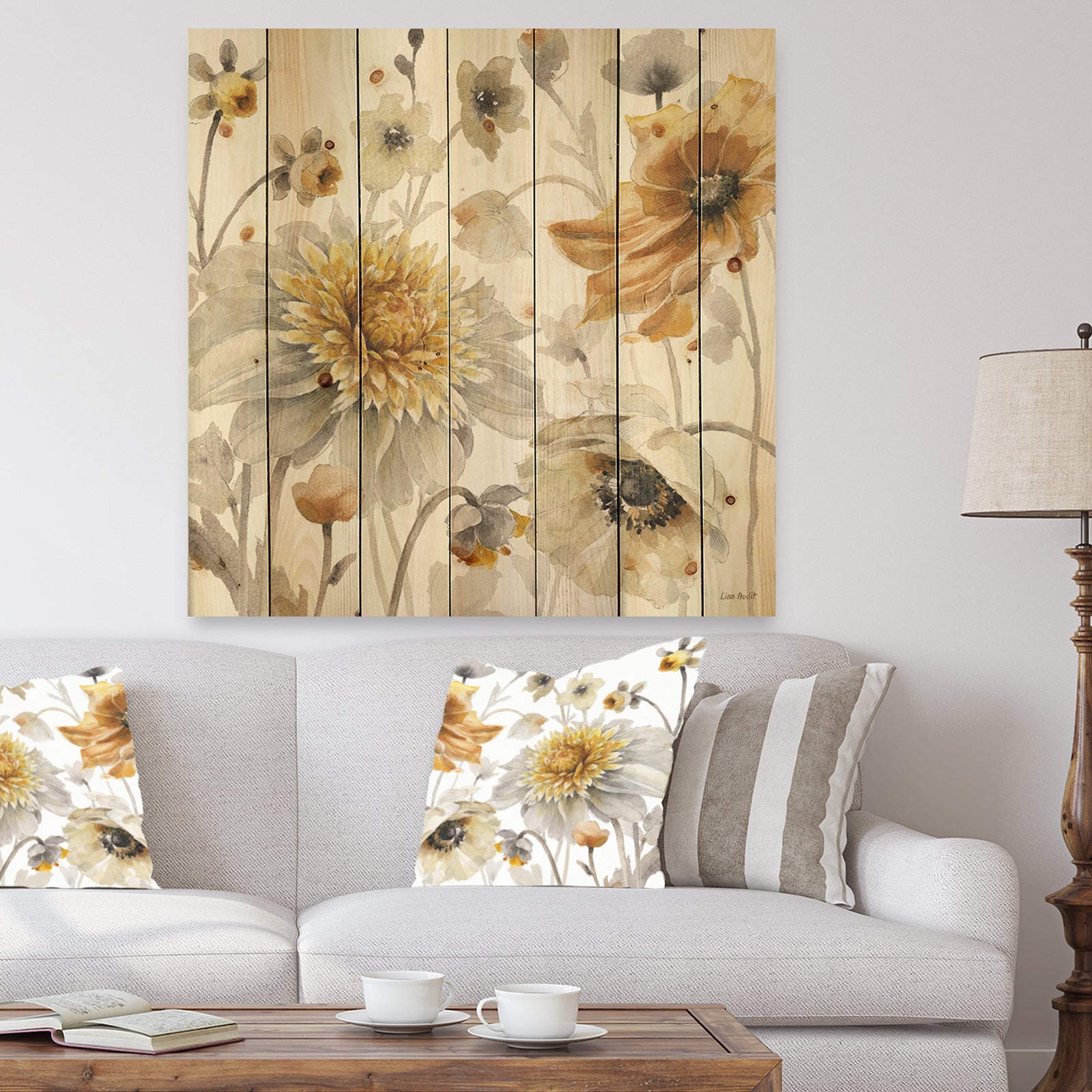Fields of Gold Watercolor Flower VI - Traditional Print on Natural Pine Wood