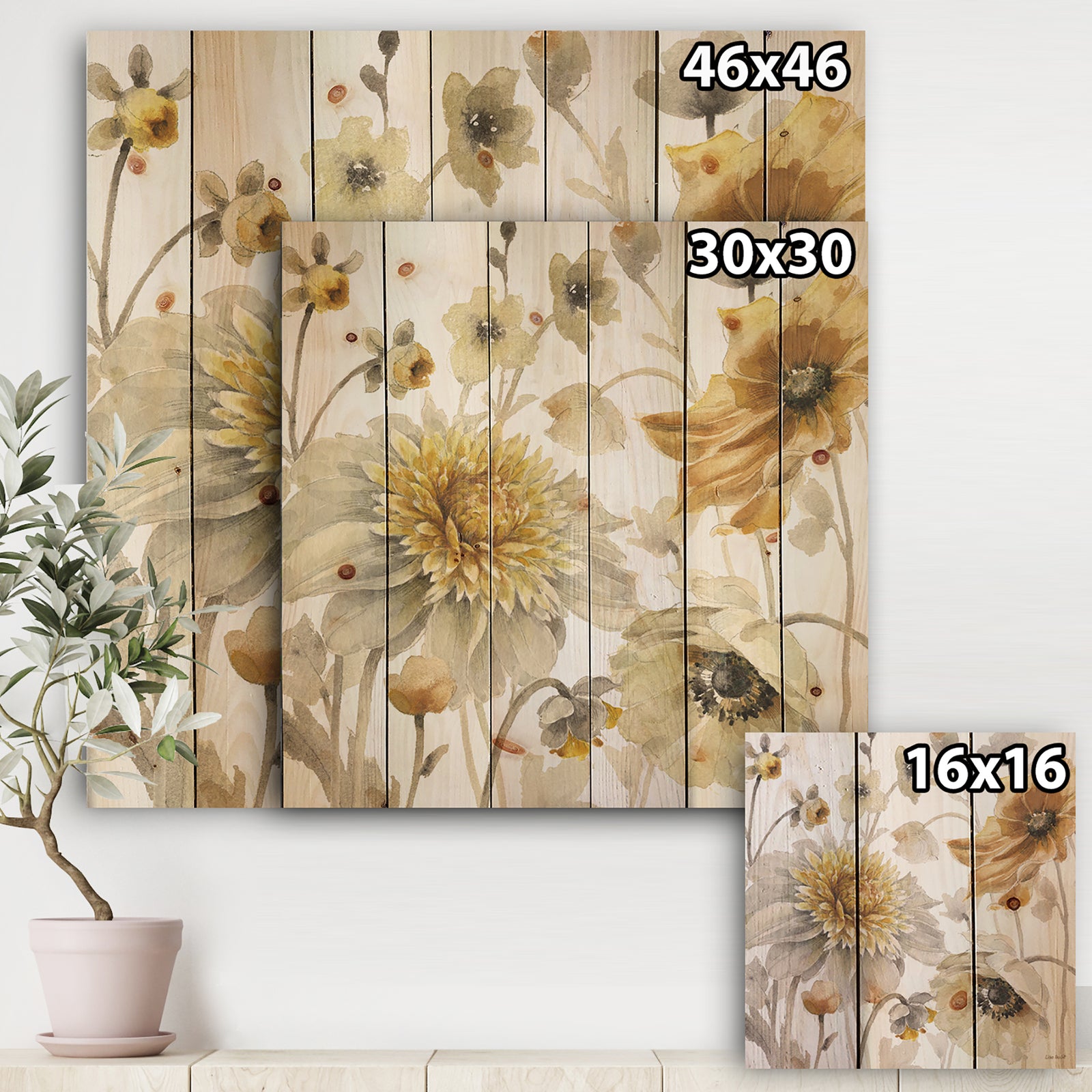 Fields of Gold Watercolor Flower VI - Traditional Print on Natural Pine Wood