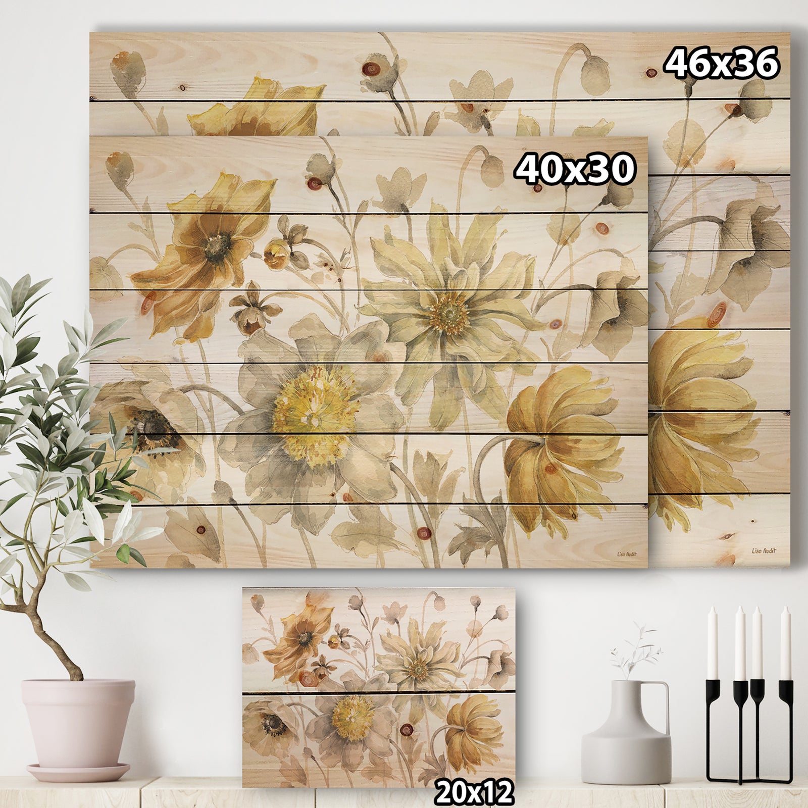 Fields of Gold Watercolor Flower VII - Traditional Print on Natural Pine Wood