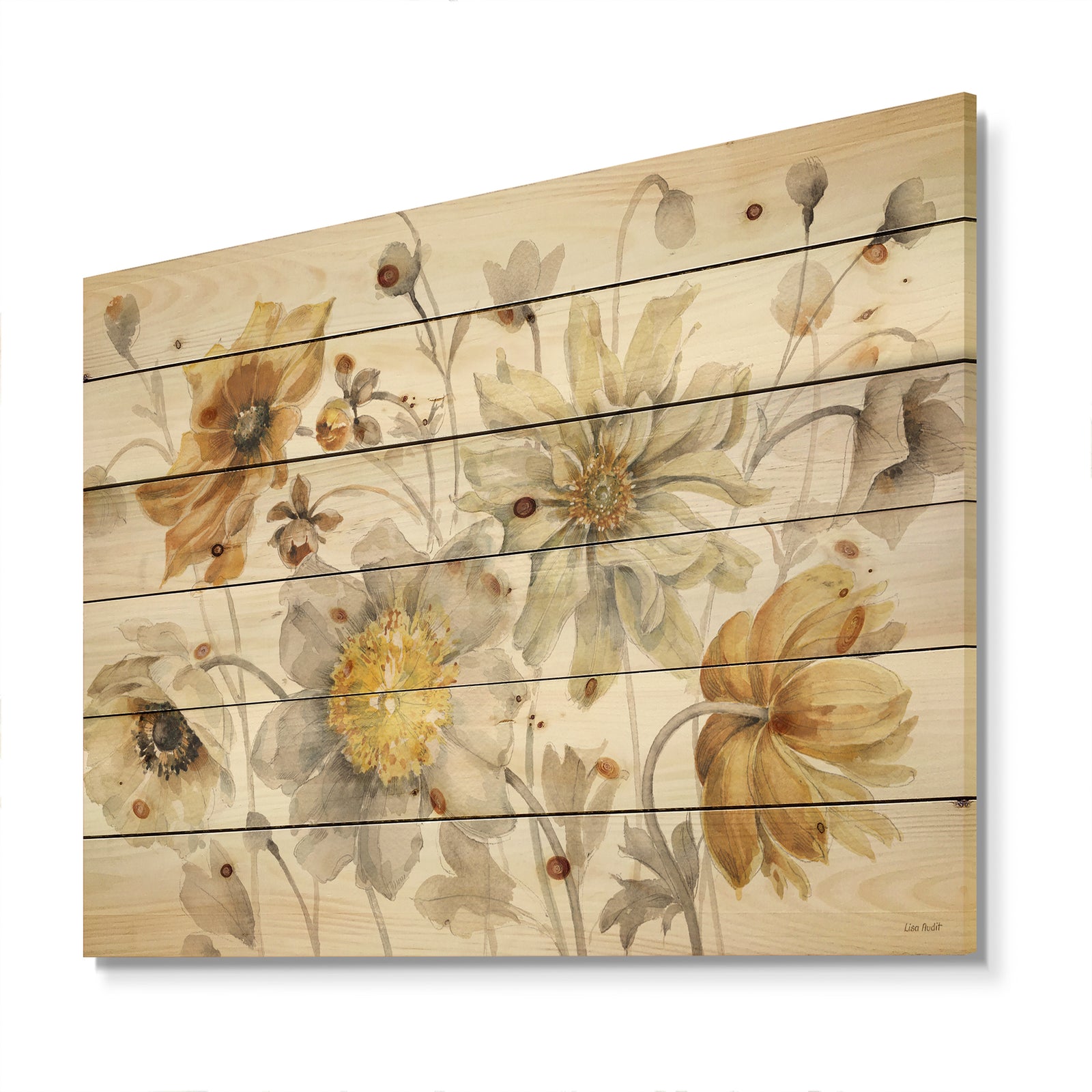 Fields of Gold Watercolor Flower VII - Traditional Print on Natural Pine Wood