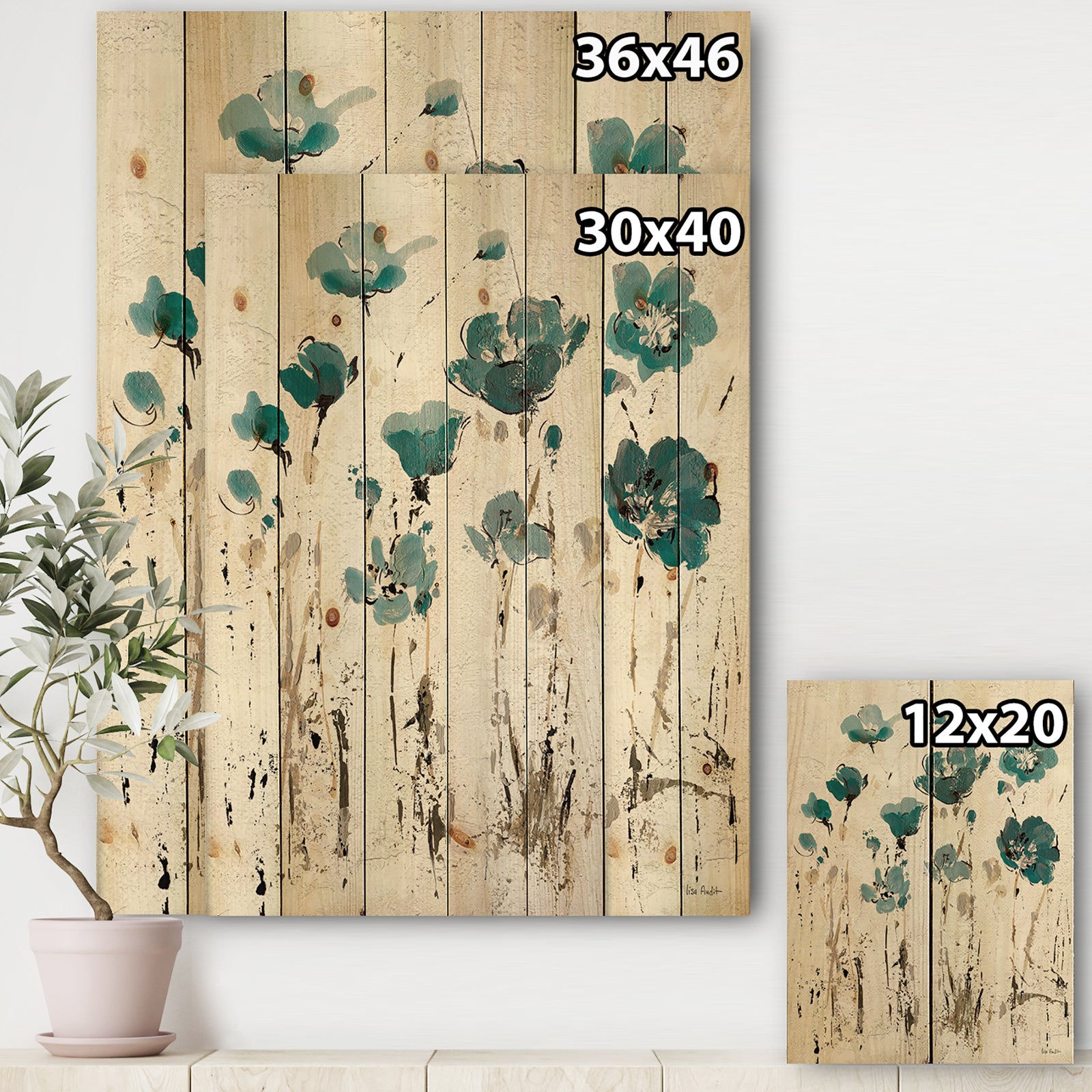 Fields of Turquoise Watercolor Flower I - Traditional Print on Natural Pine Wood