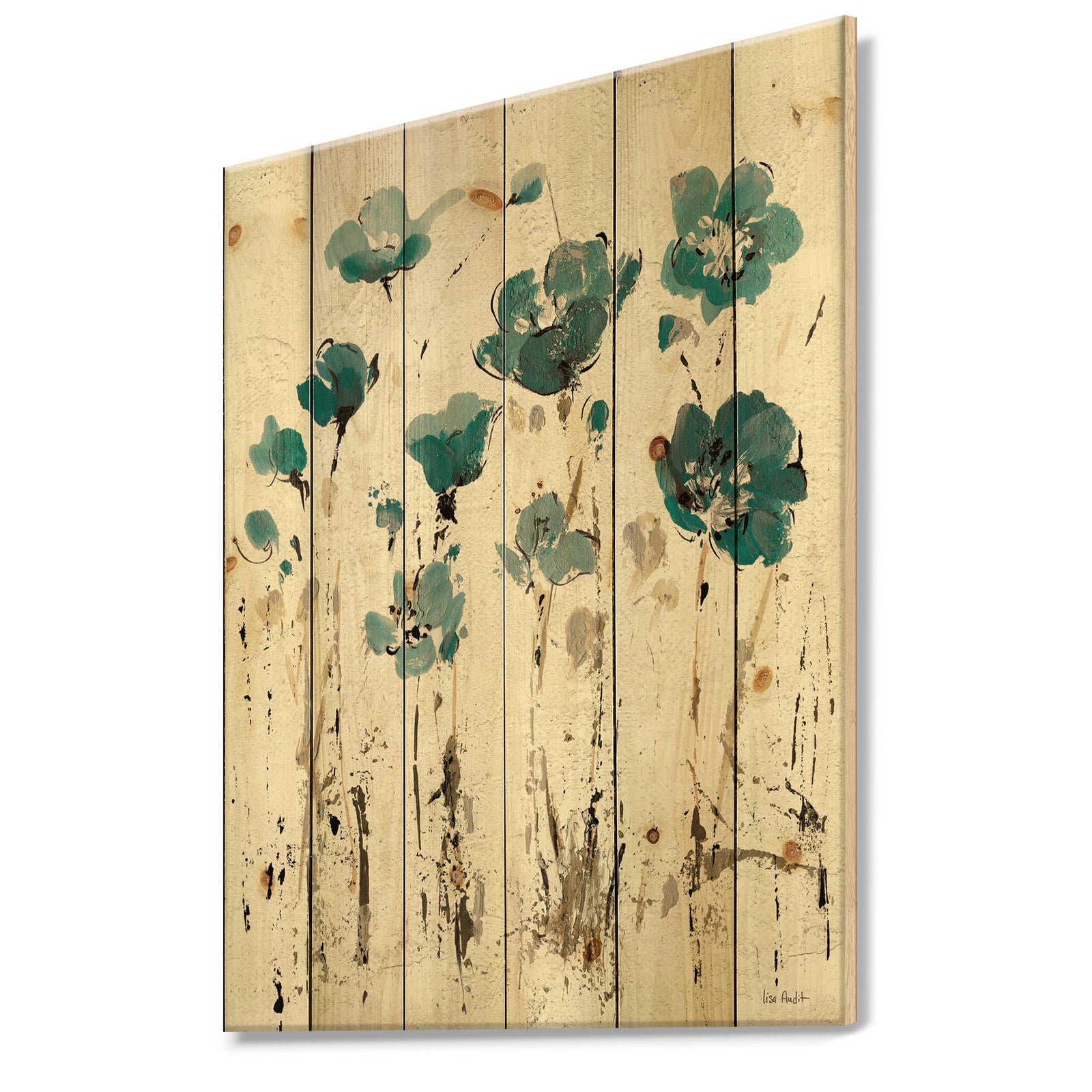 Fields of Turquoise Watercolor Flower I - Traditional Print on Natural Pine Wood