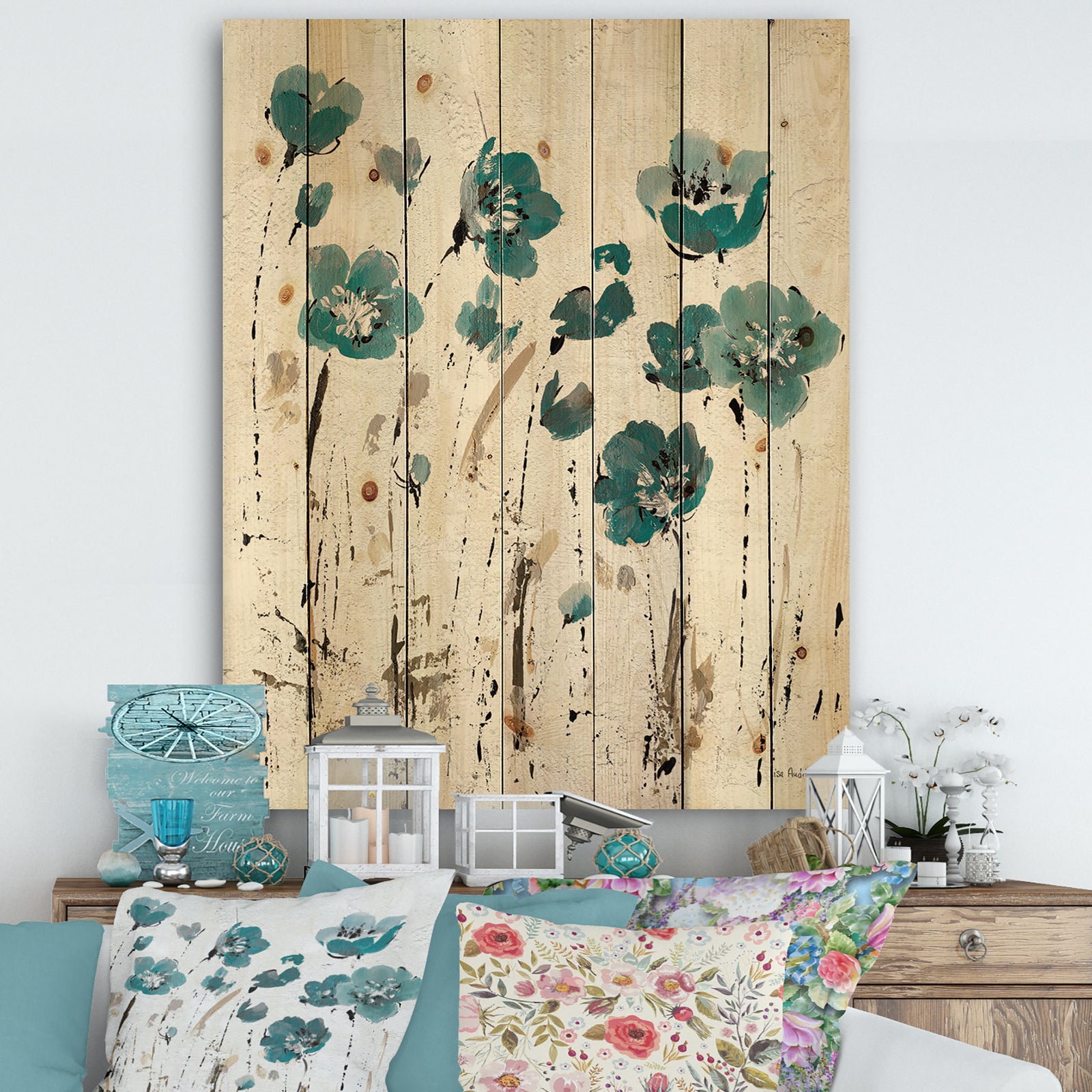 Fields of Turquoise Watercolor Flower II - Traditional Print on Natural Pine Wood
