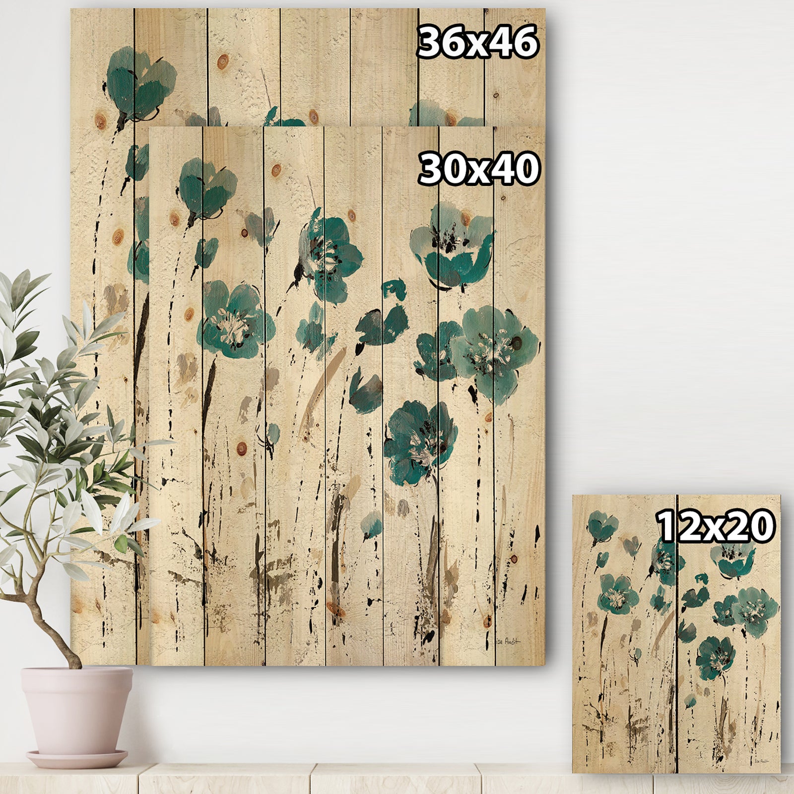 Fields of Turquoise Watercolor Flower II - Traditional Print on Natural Pine Wood