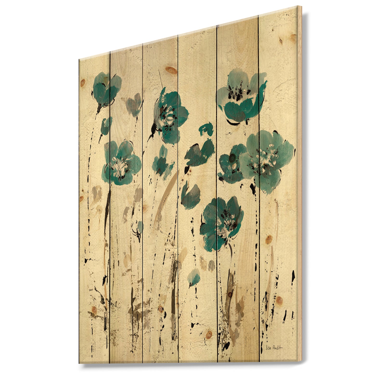 Fields of Turquoise Watercolor Flower II - Traditional Print on Natural Pine Wood