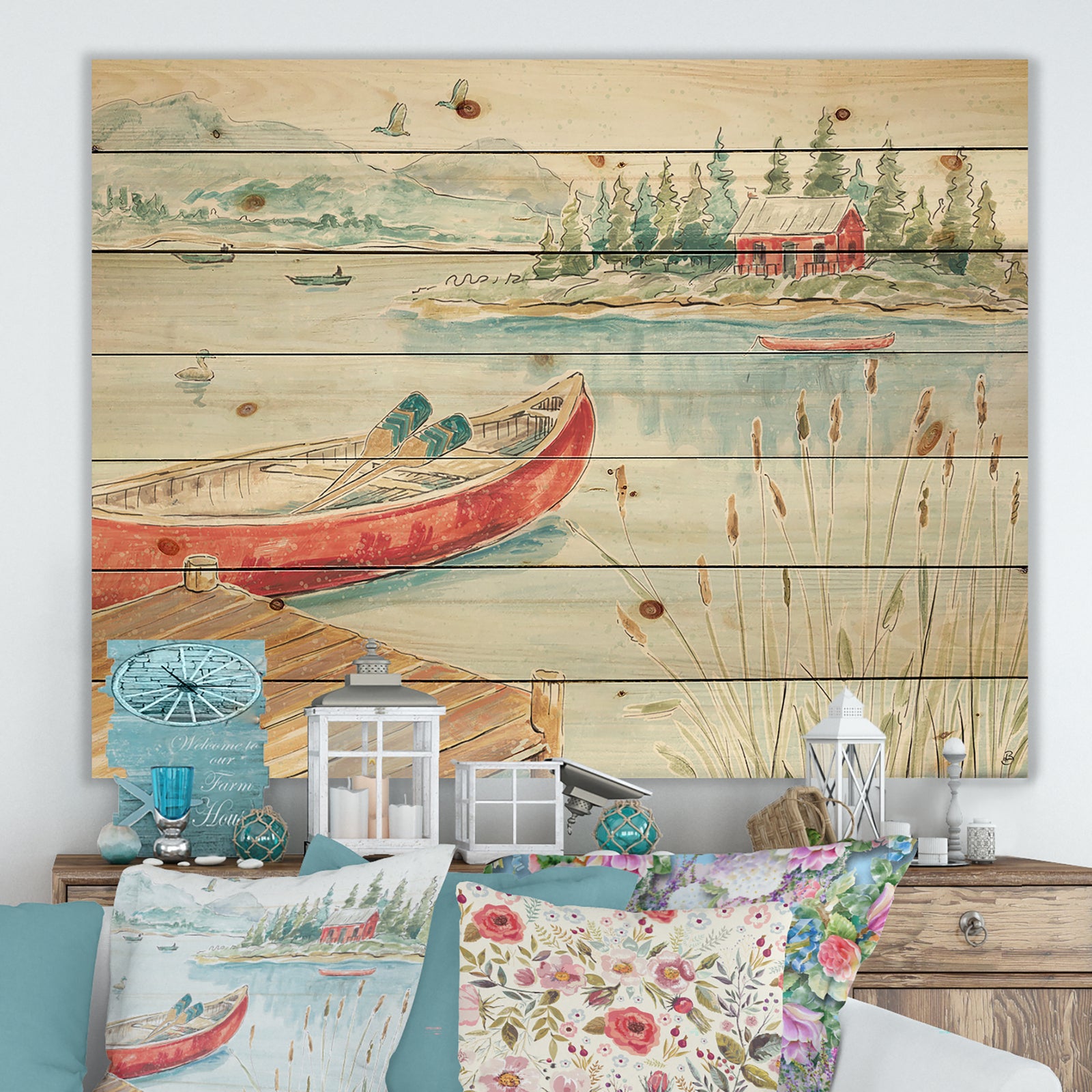 Lake House Canoes I - Lake House Print on Natural Pine Wood