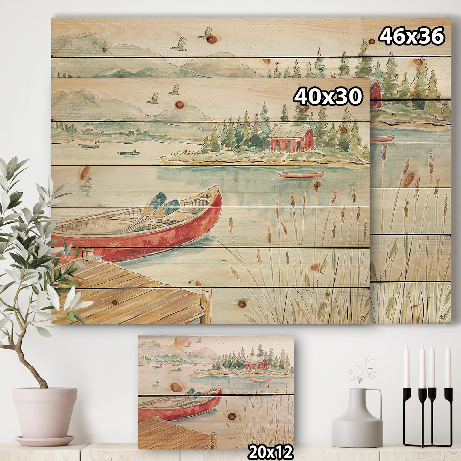 Lake House Canoes I - Lake House Print on Natural Pine Wood