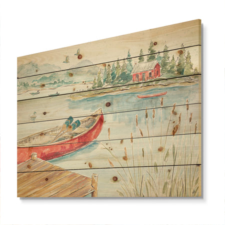 Lake House Canoes I - Lake House Print on Natural Pine Wood