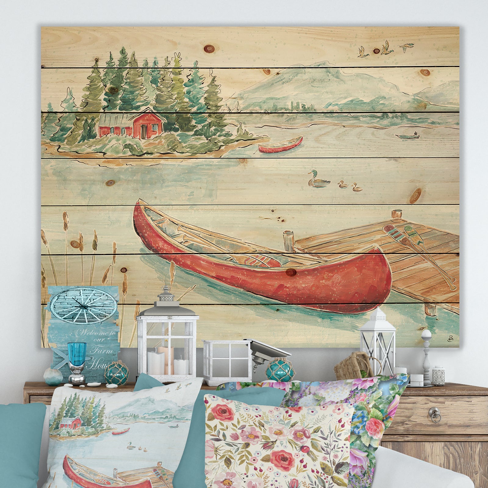 Lake House Canoes II - Lake House Print on Natural Pine Wood