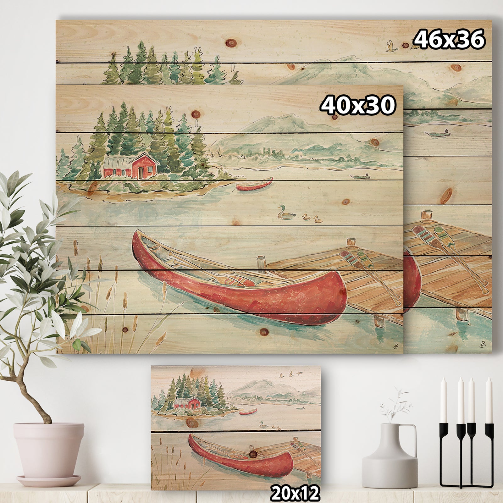Lake House Canoes II - Lake House Print on Natural Pine Wood