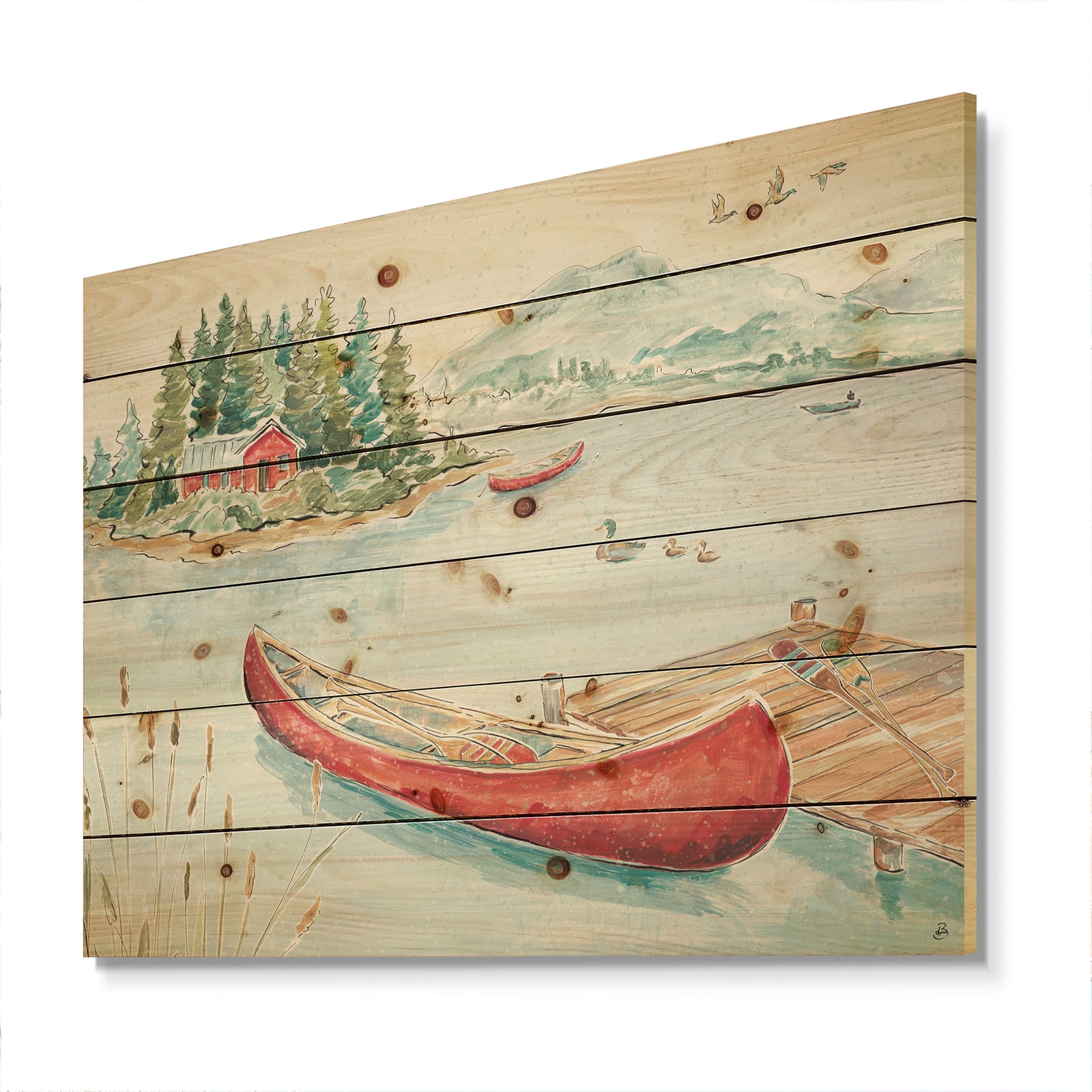 Lake House Canoes II - Lake House Print on Natural Pine Wood
