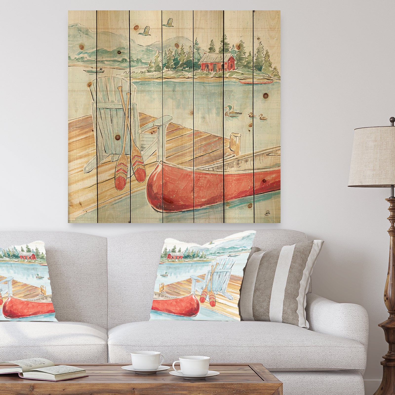 Lake House Canoes III - Lake House Print on Natural Pine Wood