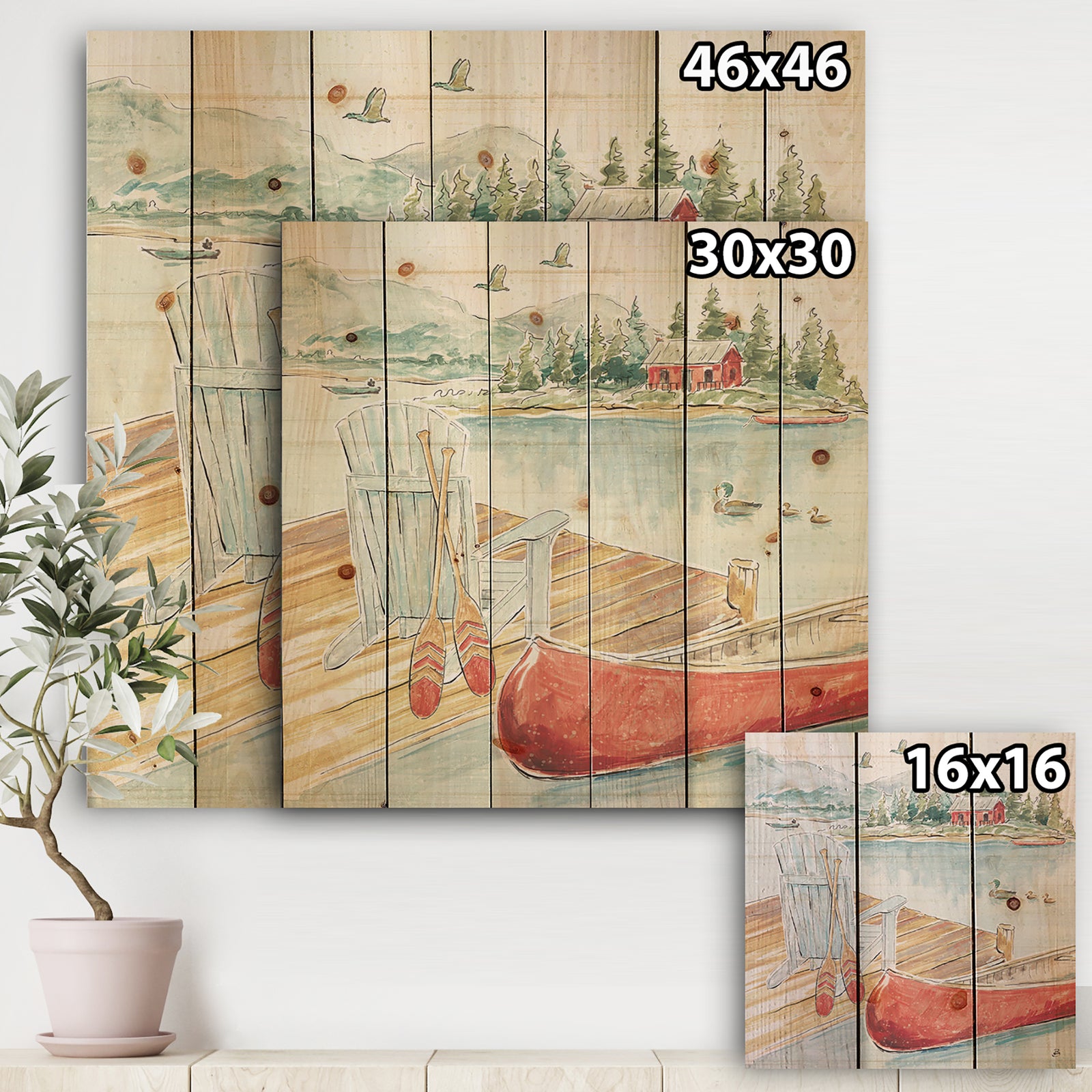Lake House Canoes III - Lake House Print on Natural Pine Wood