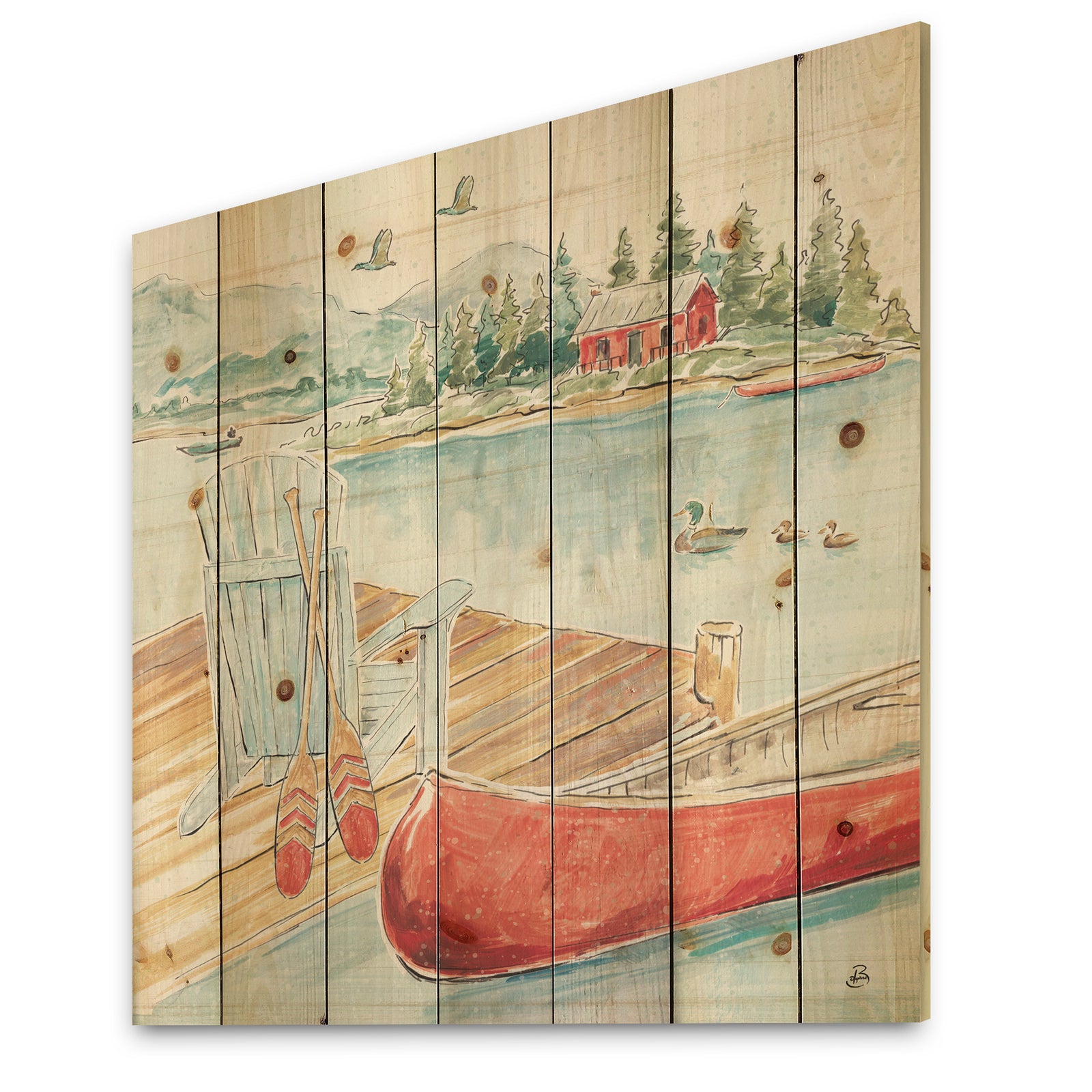 Lake House Canoes III - Lake House Print on Natural Pine Wood