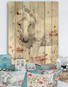 watercolors Pink Wild Horses I - Farmhouse Print on Natural Pine Wood