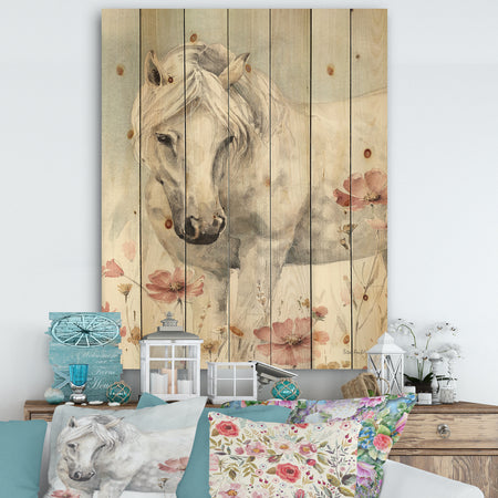 watercolors Pink Wild Horses I - Farmhouse Print on Natural Pine Wood