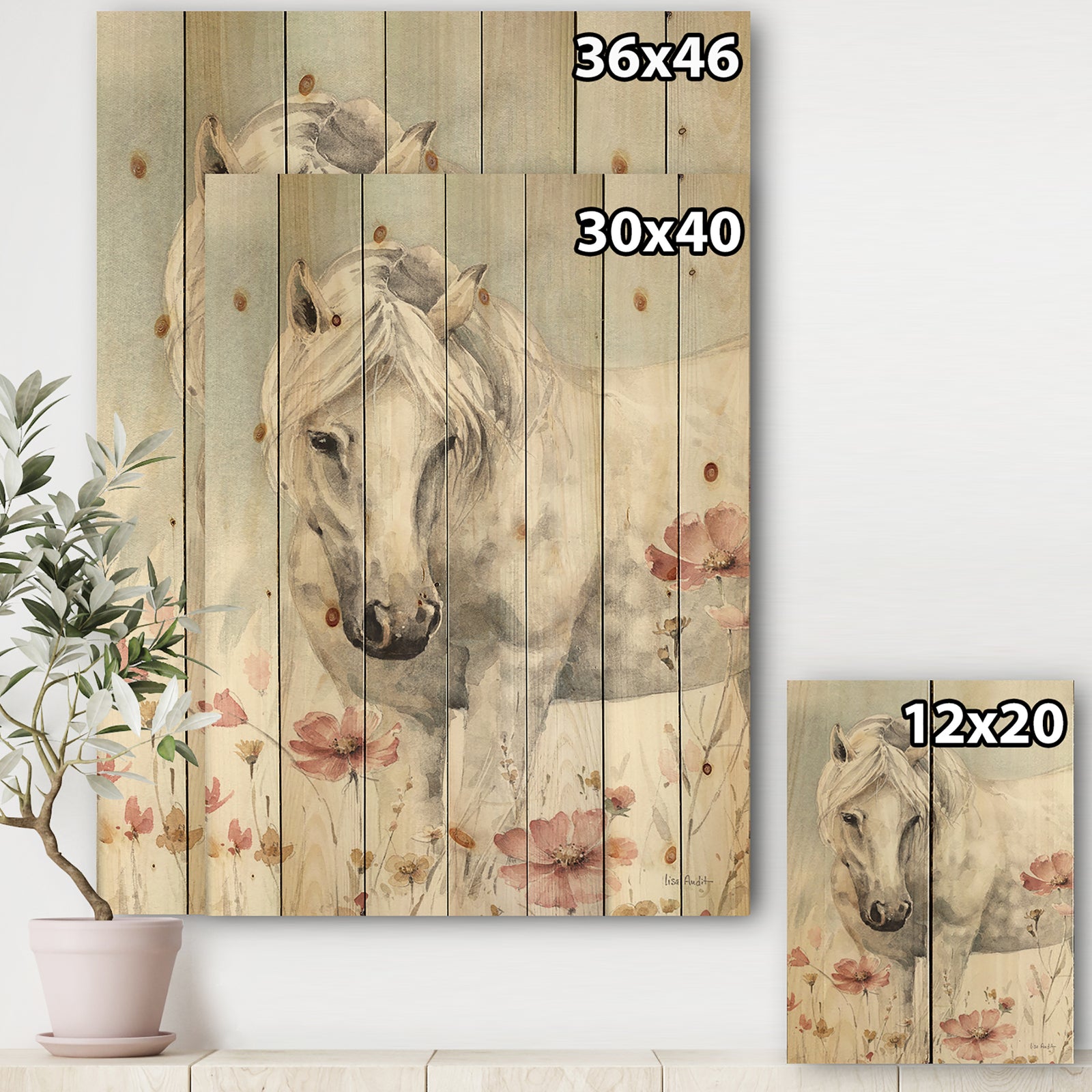 watercolors Pink Wild Horses I - Farmhouse Print on Natural Pine Wood