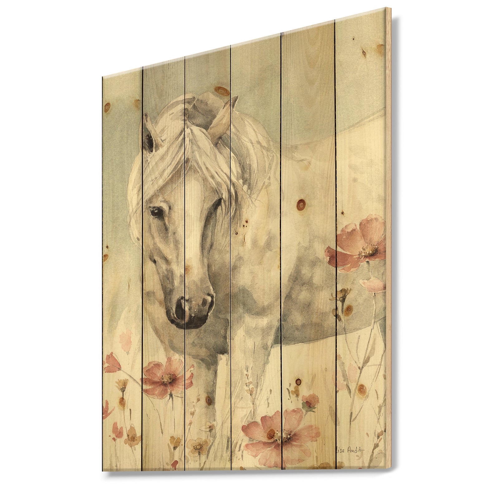 watercolors Pink Wild Horses I - Farmhouse Print on Natural Pine Wood
