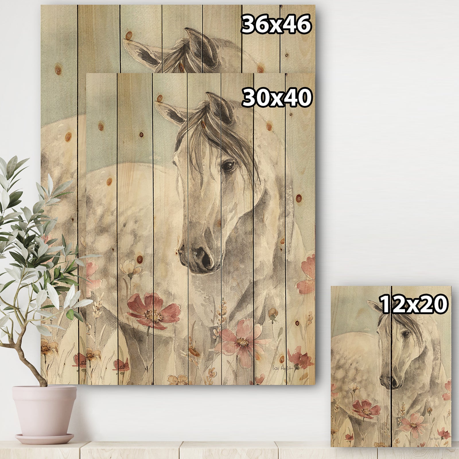 watercolors Pink Wild Horses II - Farmhouse Print on Natural Pine Wood