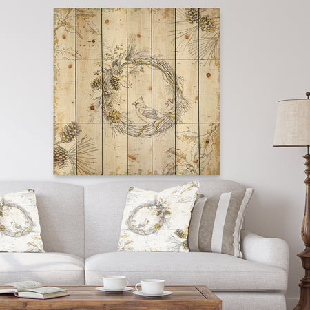 Gold Beautiful cardinals - Farmhouse Print on Natural Pine Wood