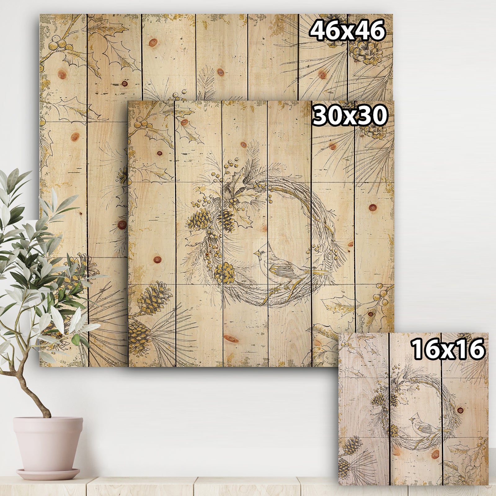 Gold Beautiful cardinals - Farmhouse Print on Natural Pine Wood