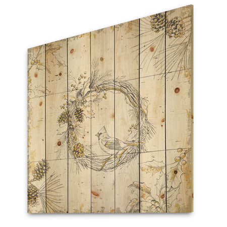 Gold Beautiful cardinals - Farmhouse Print on Natural Pine Wood