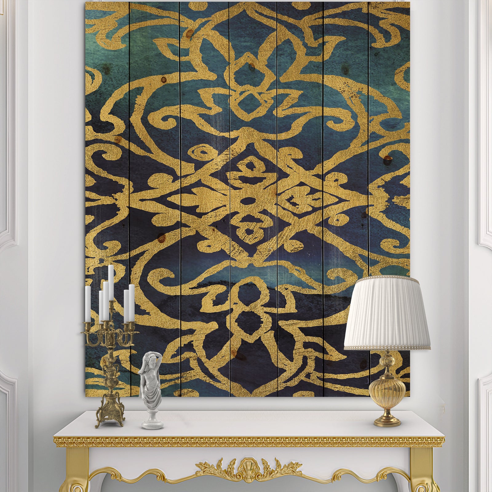 metallic Glam Indigo Form II - Transitional Print on Natural Pine Wood
