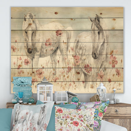 watercolors Pink Wild Horses - Farmhouse Print on Natural Pine Wood