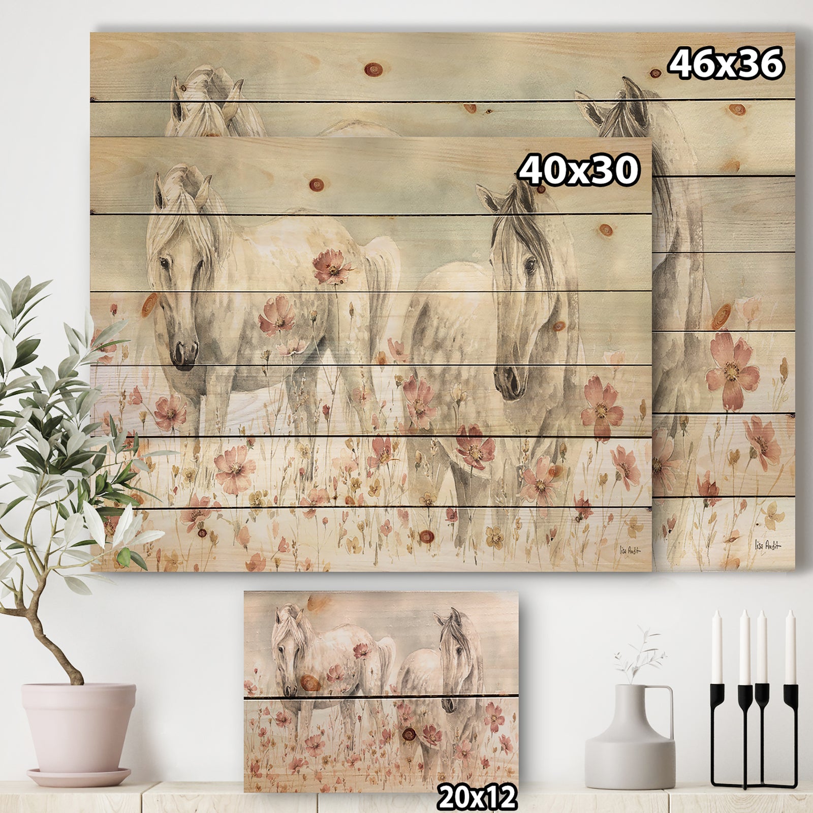 watercolors Pink Wild Horses - Farmhouse Print on Natural Pine Wood